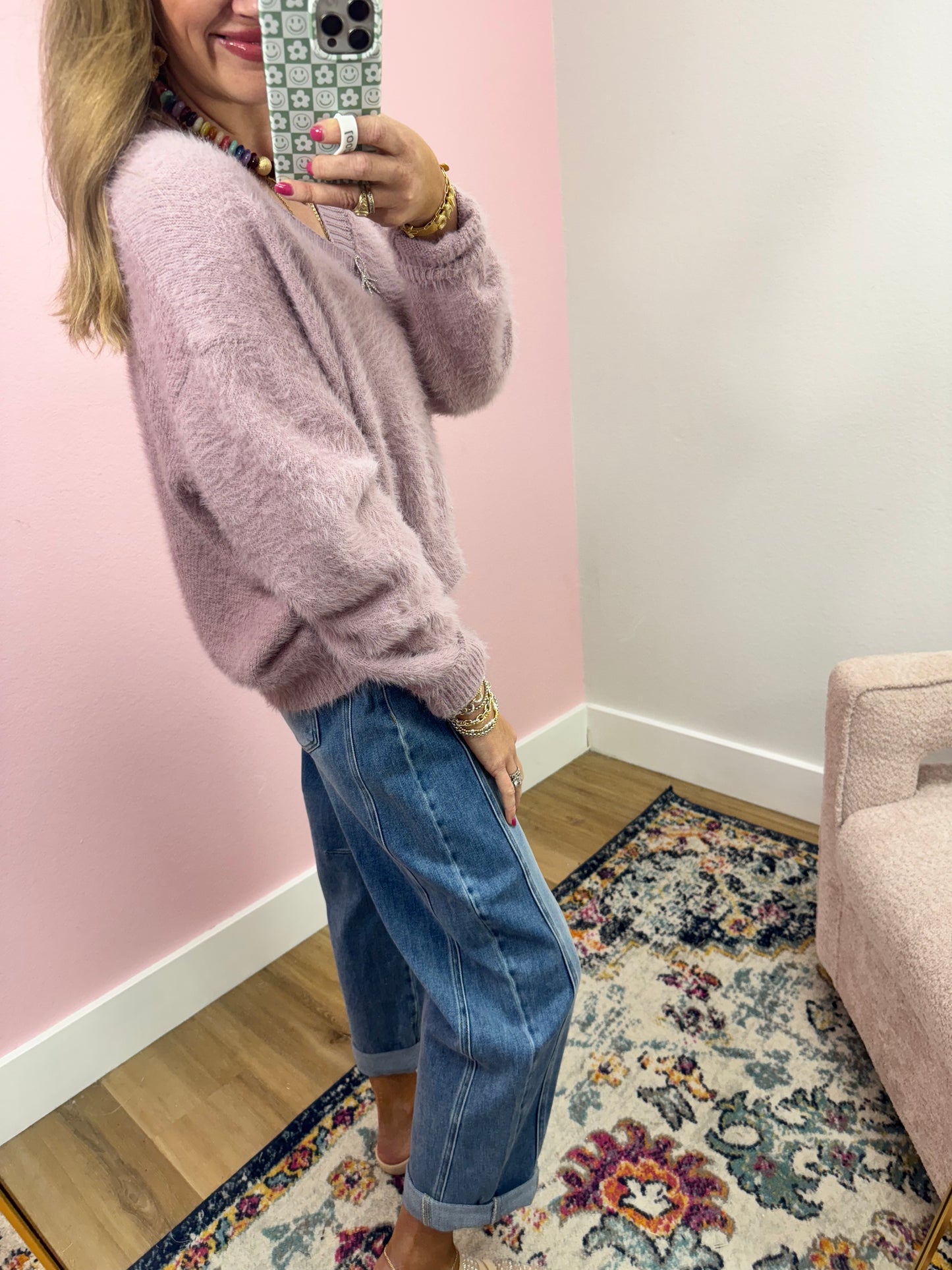 Lavender Fuzzy Cardigan With Rhinestone Bow Button
