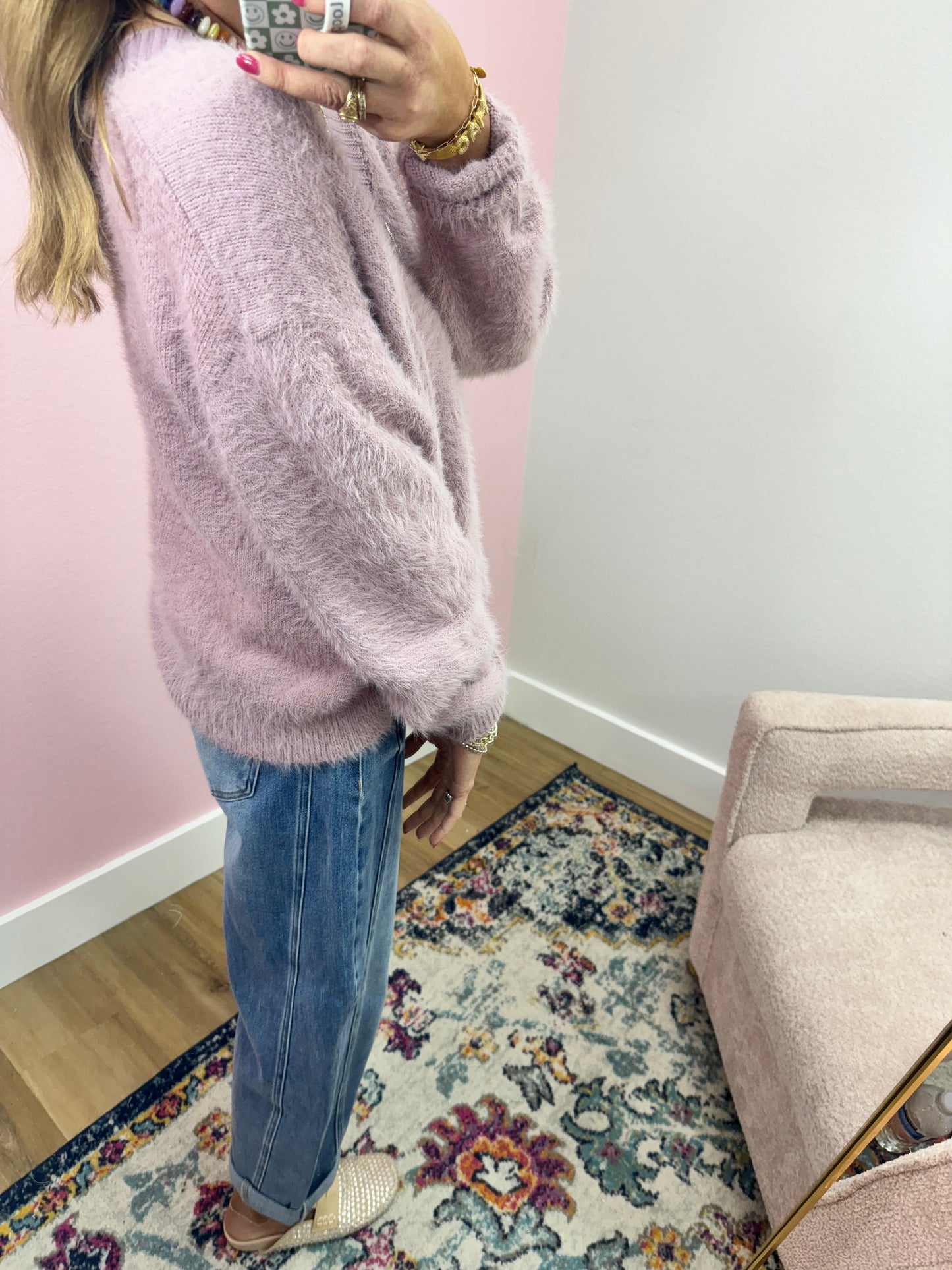 Lavender Fuzzy Cardigan With Rhinestone Bow Button