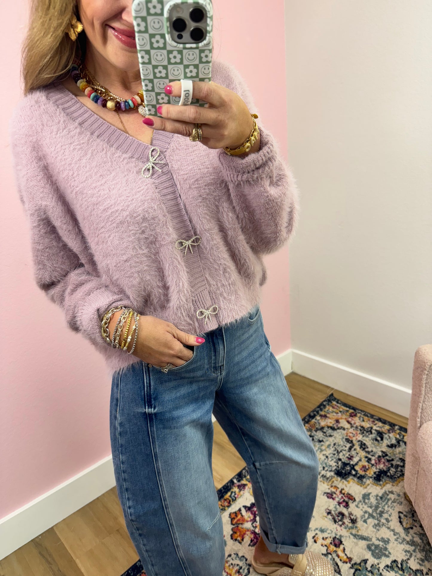 Lavender Fuzzy Cardigan With Rhinestone Bow Button