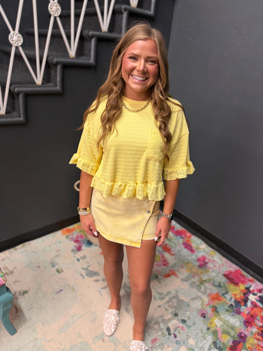 Yellow Half Sleeve Lace Ruffle Detail Textured Knit Top