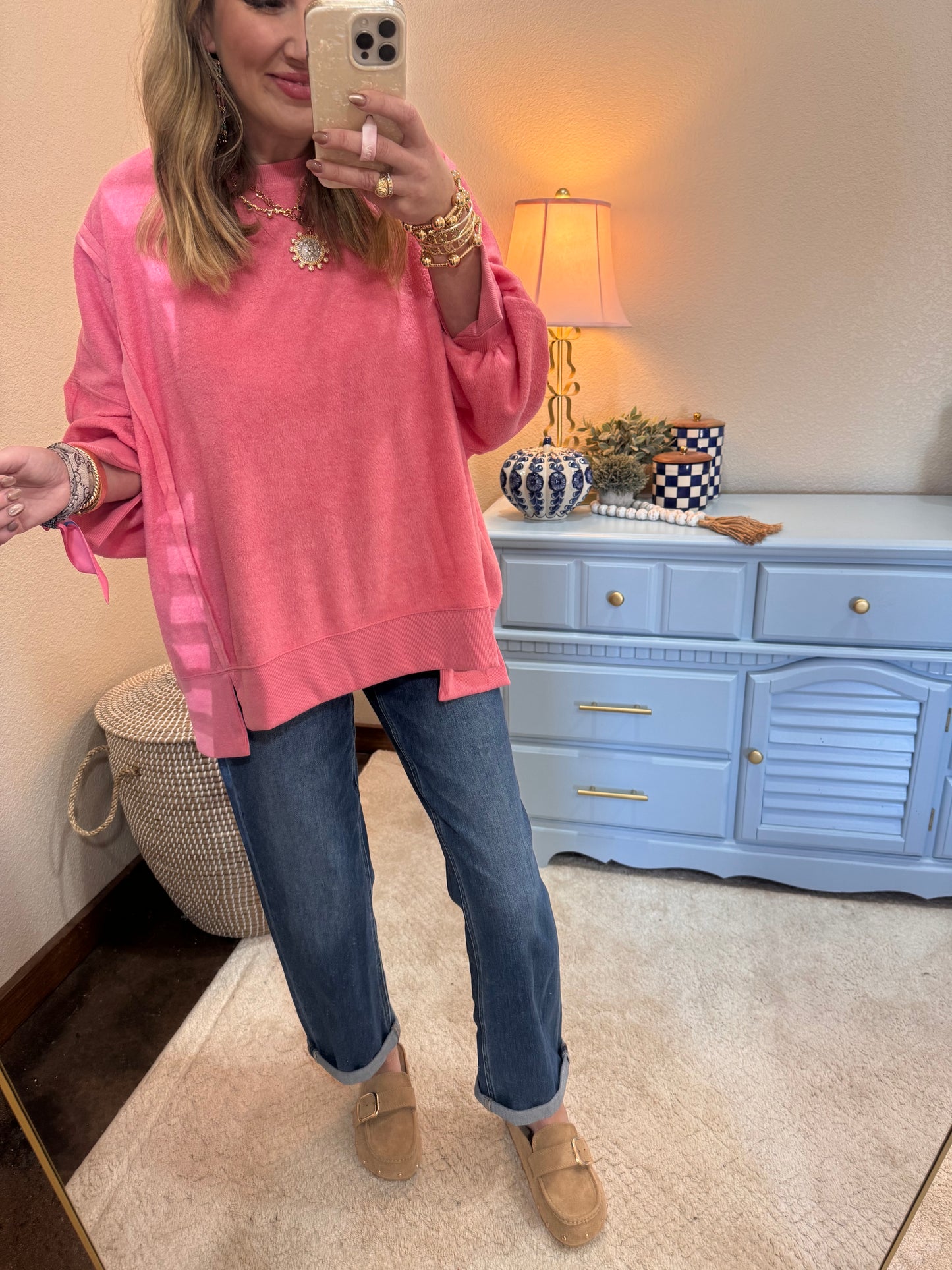 Taffy Pink Fleece Split Hem Pullover