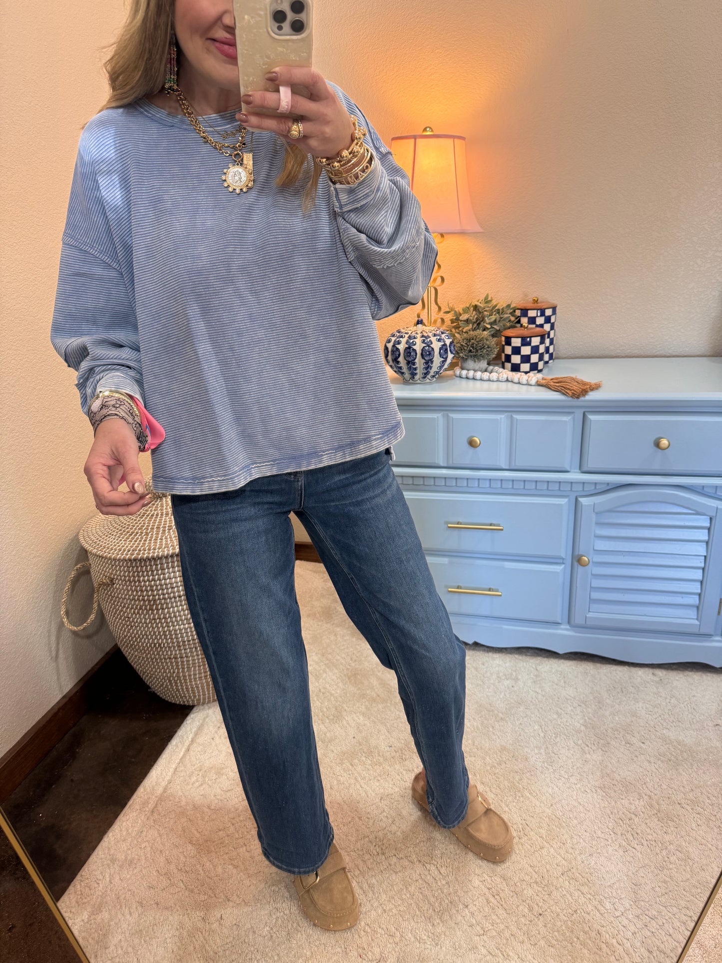 Blue Acid Washed Double Ribbed Exposed-Seam Pullover