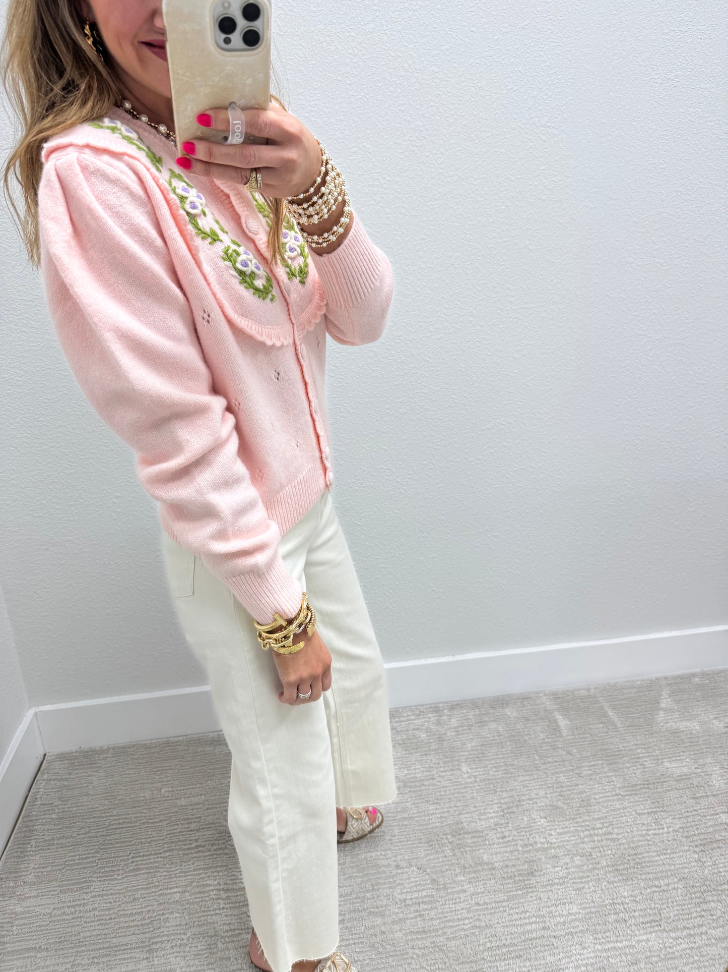 Light Pink Embroidered Sweater With Scalloped Edge