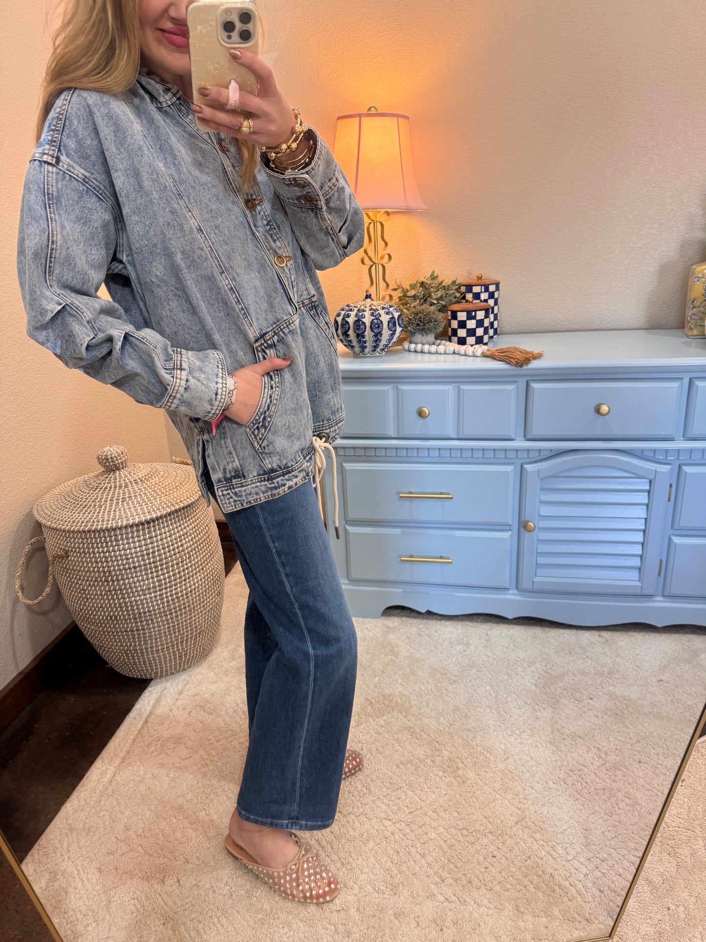 Denim Half Buttoned Washed Denim Hoodie