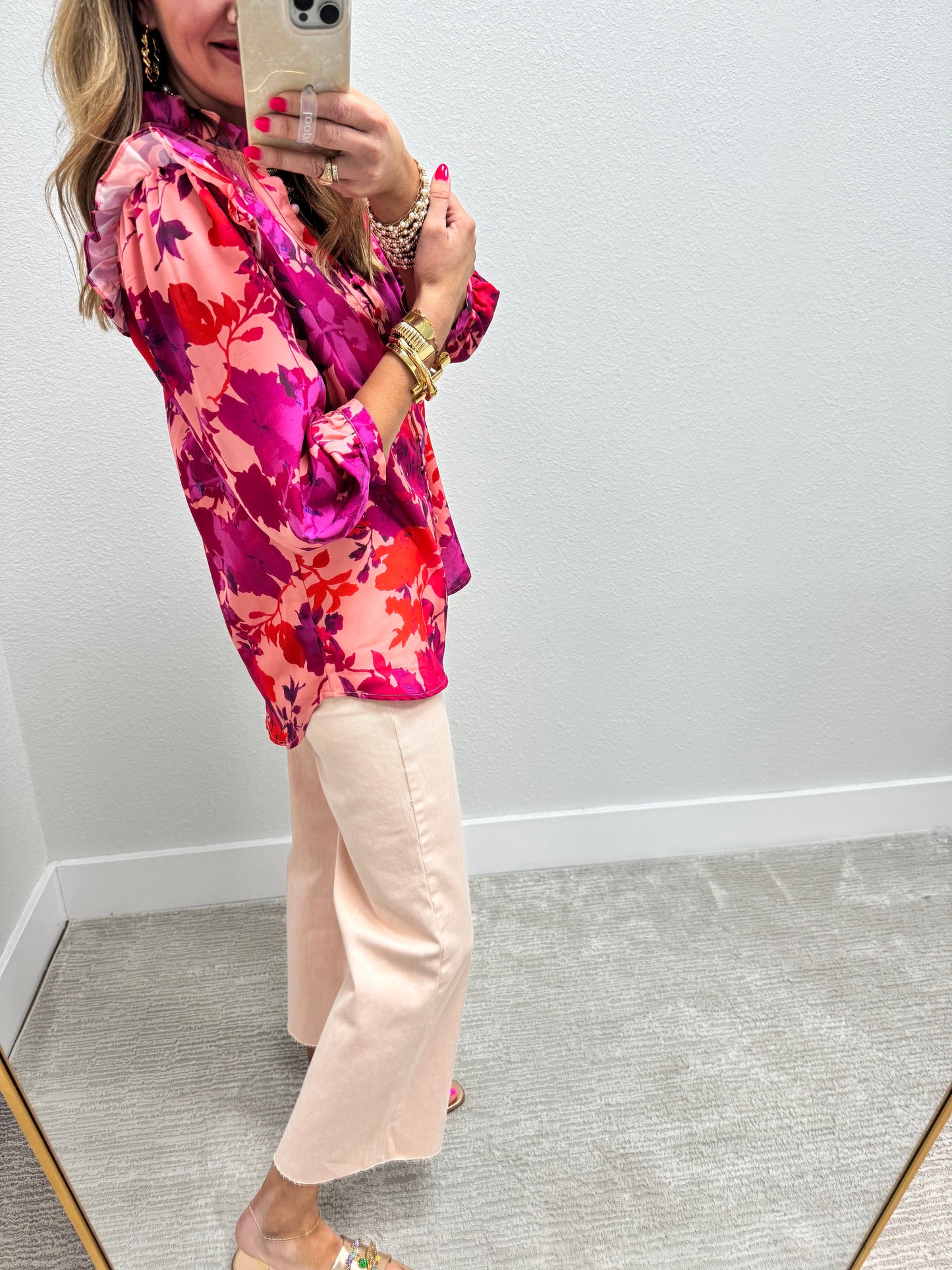 Multi Colored Pink Floral Flutter Sleeve Top