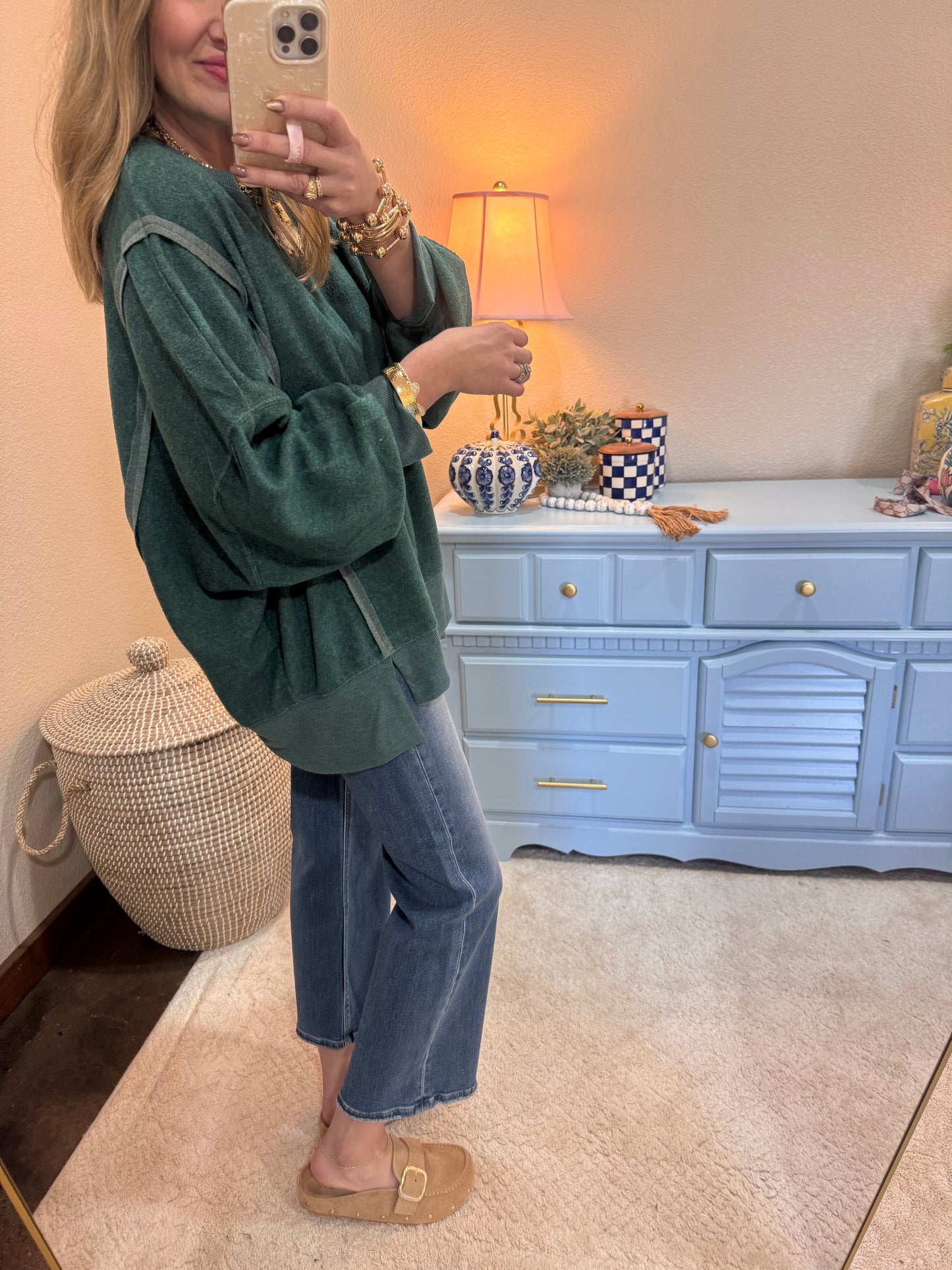 Green Fleece Split Hem Pullover