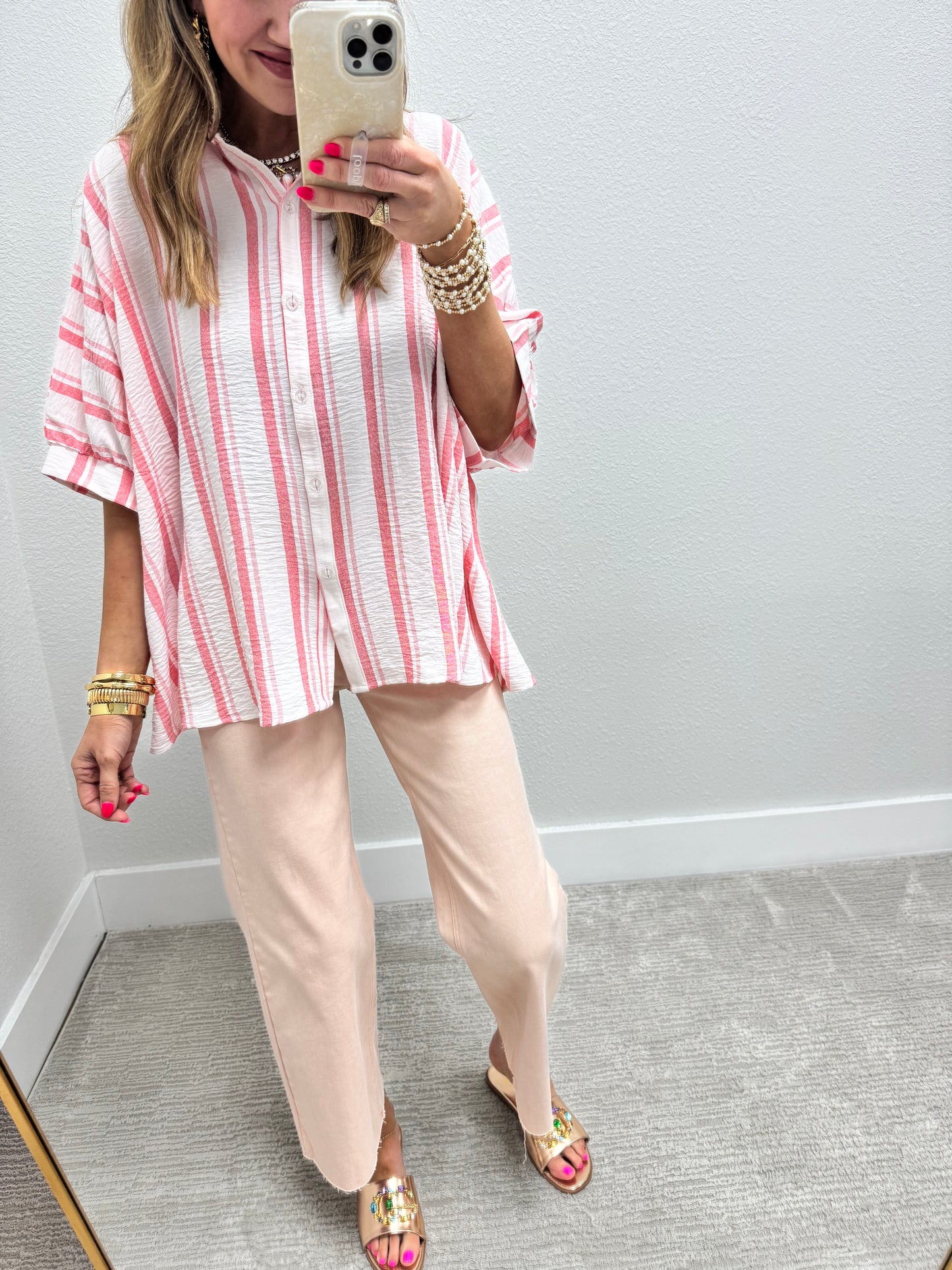 Pink Woven Stripe Oversized Button Down Shirt