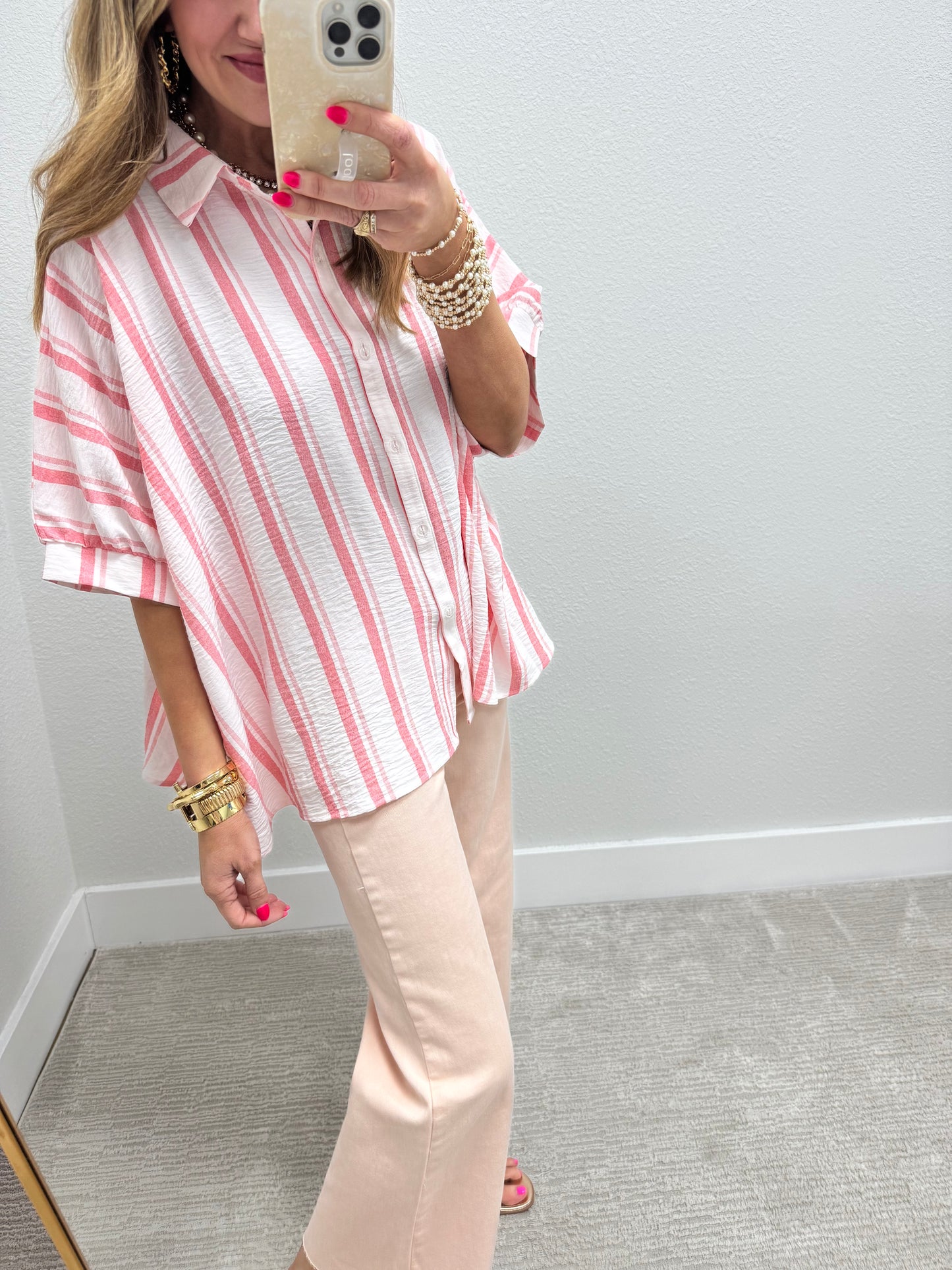Pink Woven Stripe Oversized Button Down Shirt