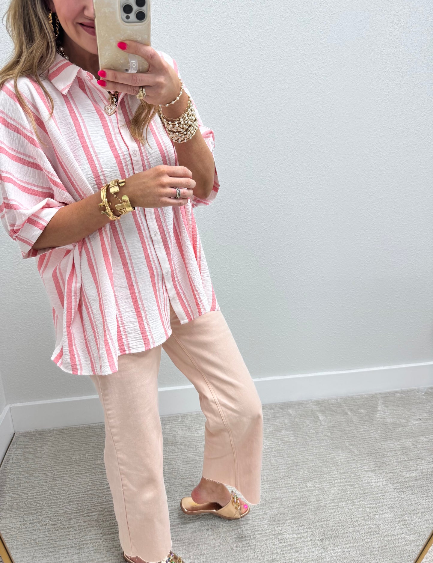 Pink Woven Stripe Oversized Button Down Shirt