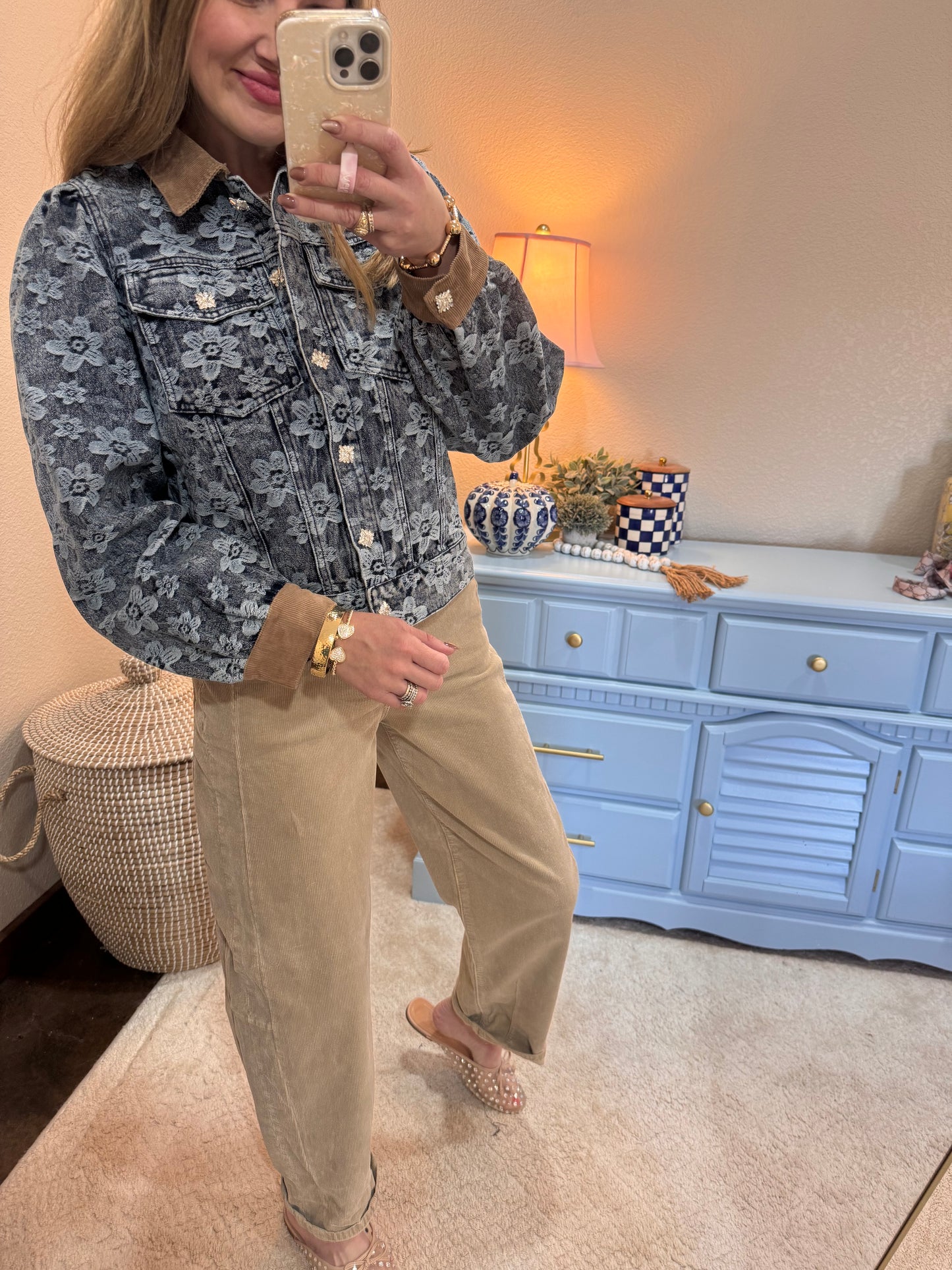 Big Rhinestone Buttoned Floral Denim Barn Jacket