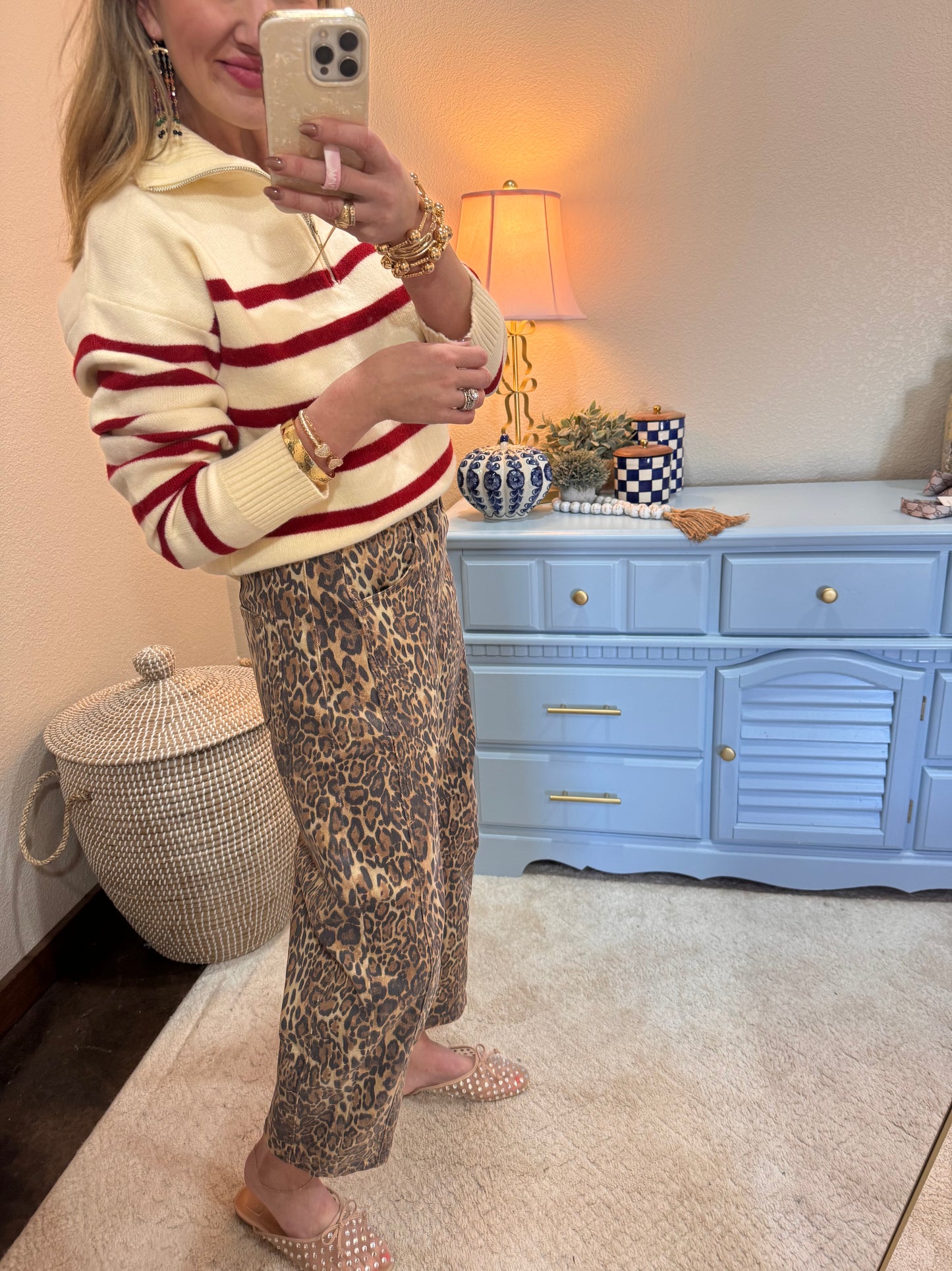 Leopard Mid Waisted Barrel Leg Jeans