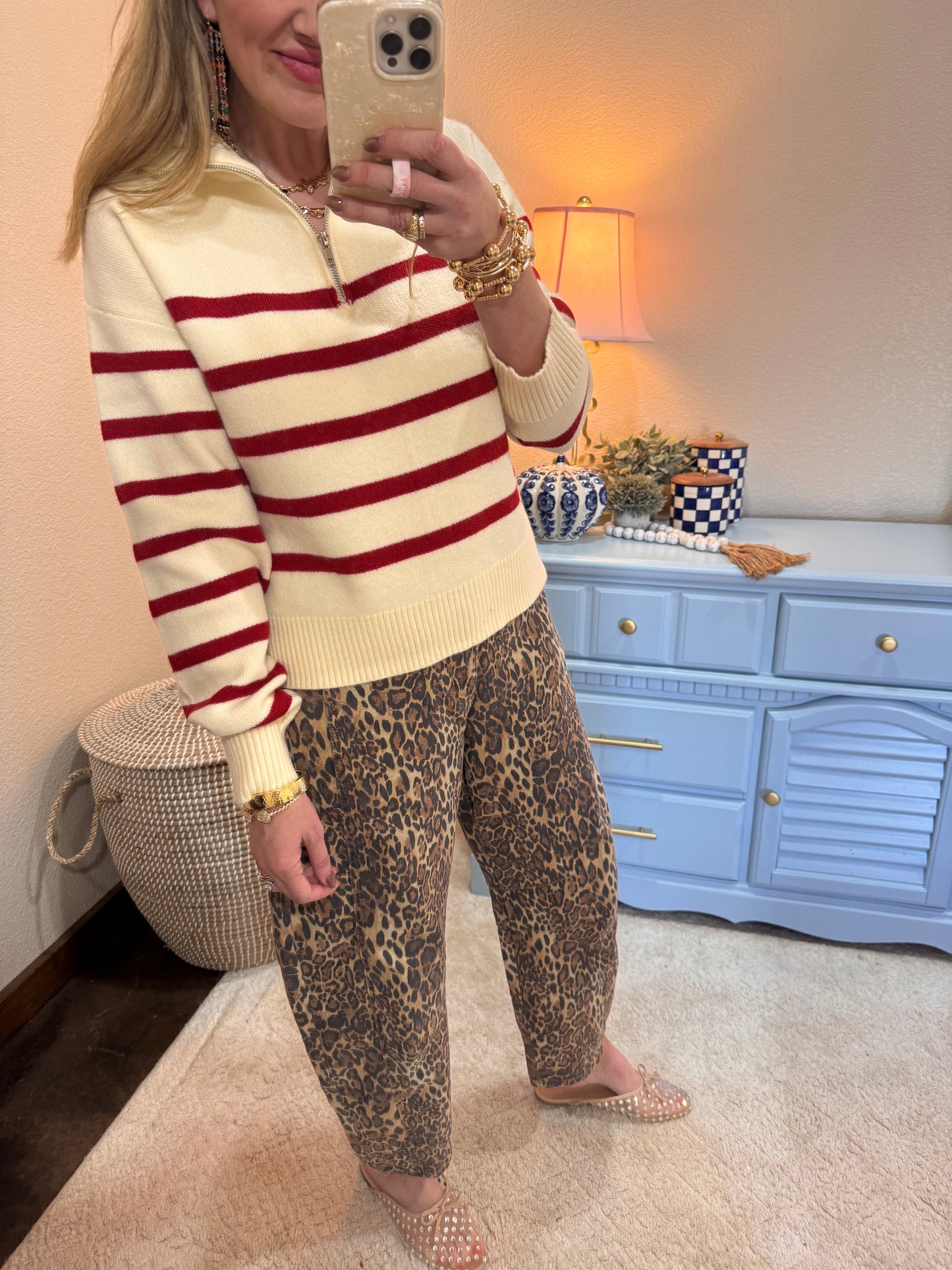 Red & Cream Half Zip Sweater