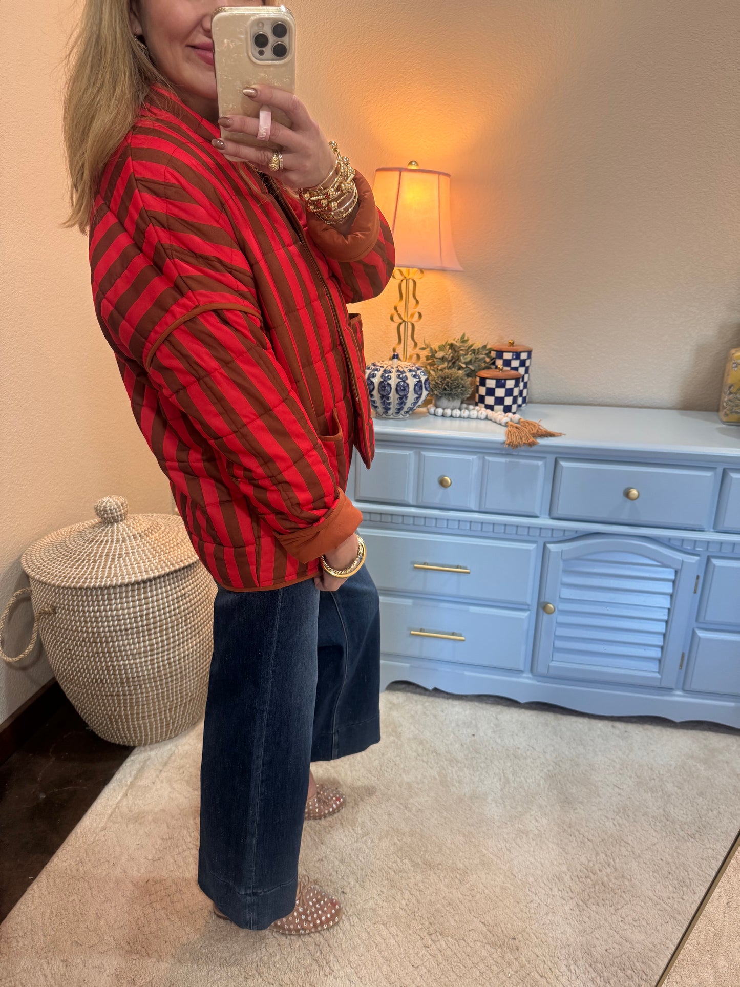 Red Stripe Print Quilted Oversized Jacket