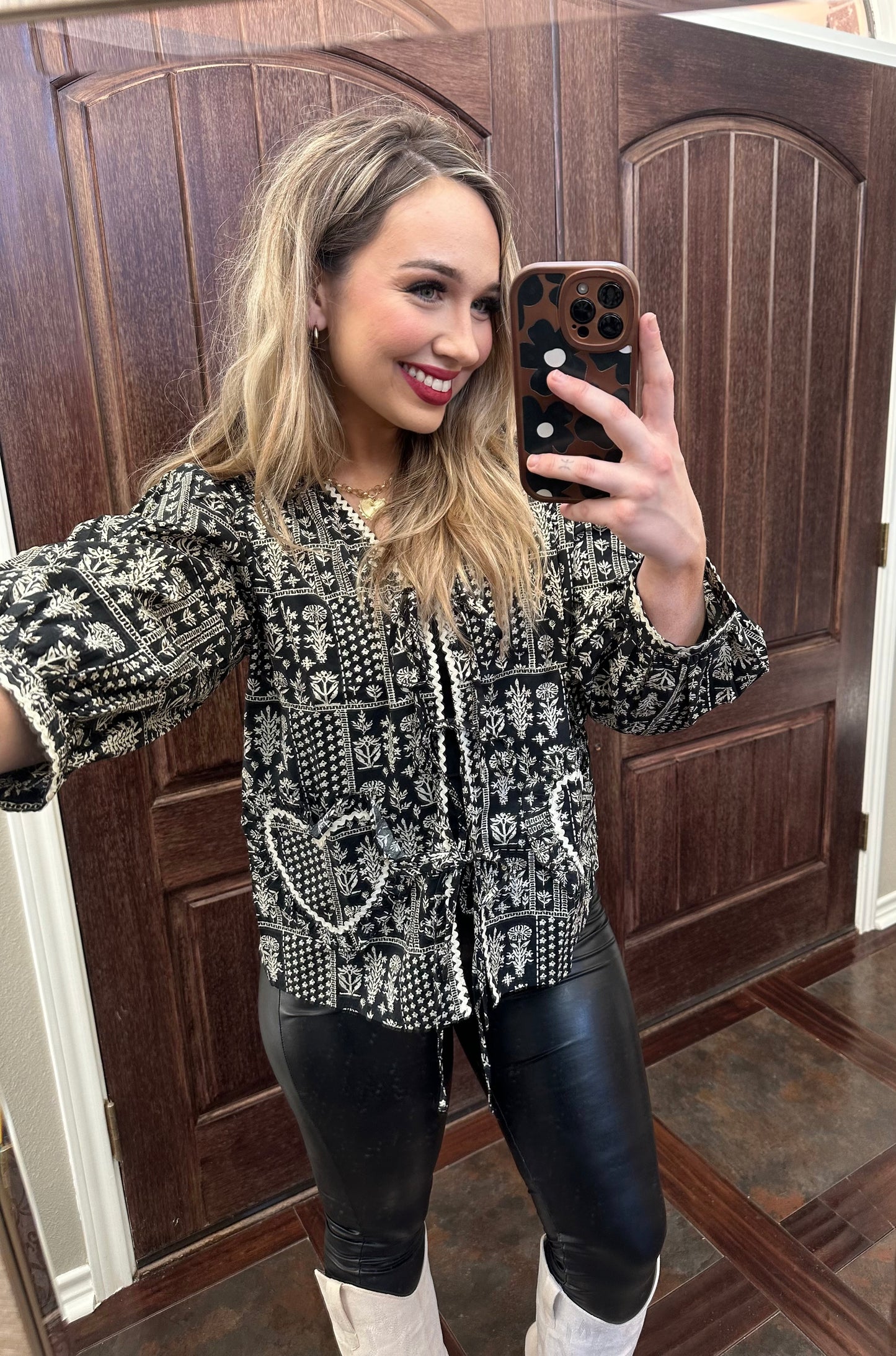 Black and Cream Heart Front Tie Top