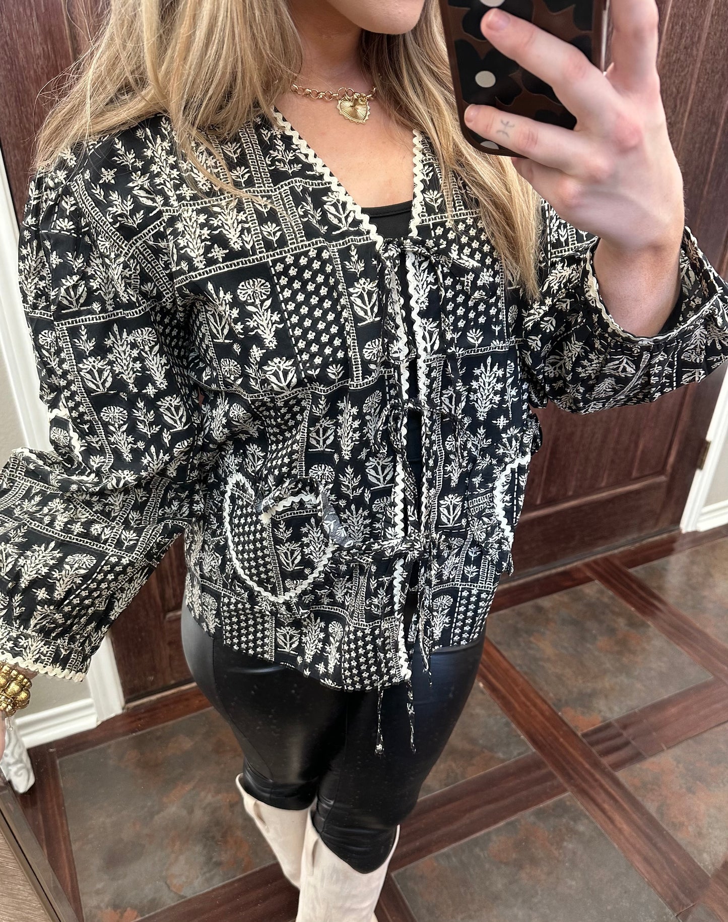 Black and Cream Heart Front Tie Top
