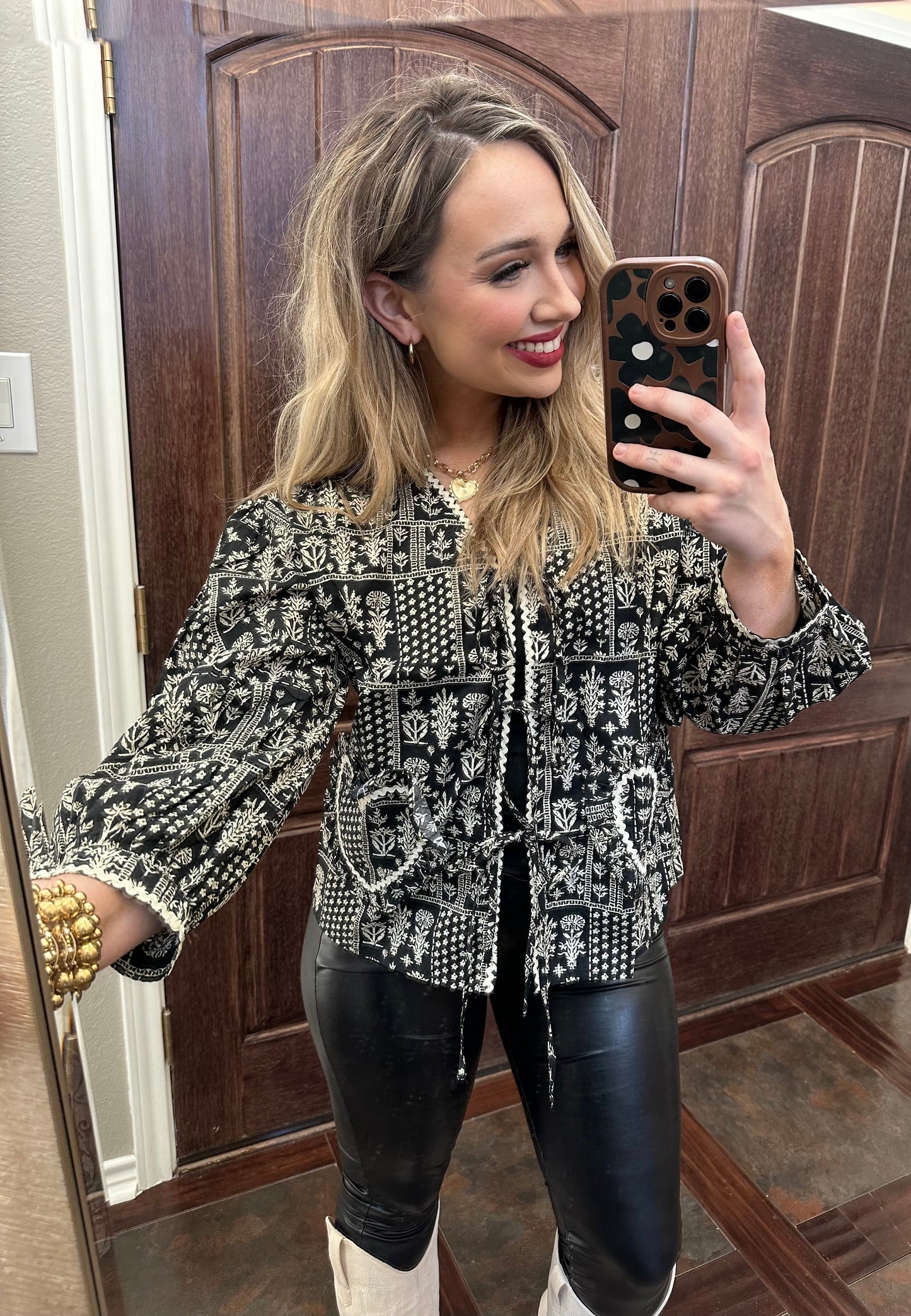 Black and Cream Heart Front Tie Top