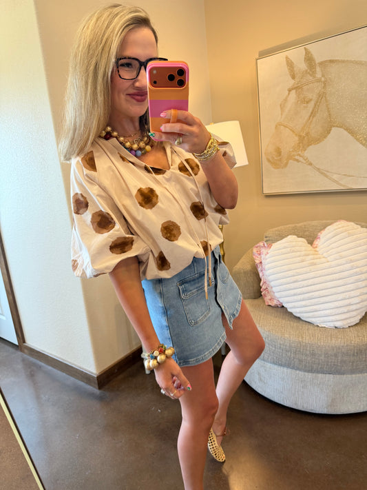 Ecru Brown Polka Dot Bubble Top