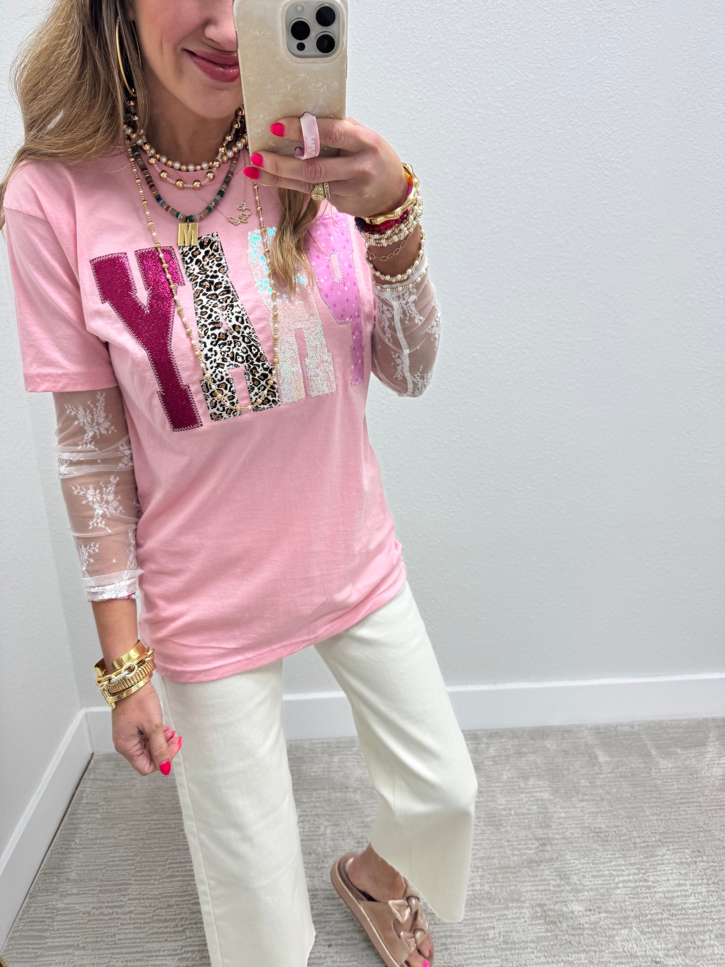 Light Pink Hand Stitched Leopard Pray Short Sleeve