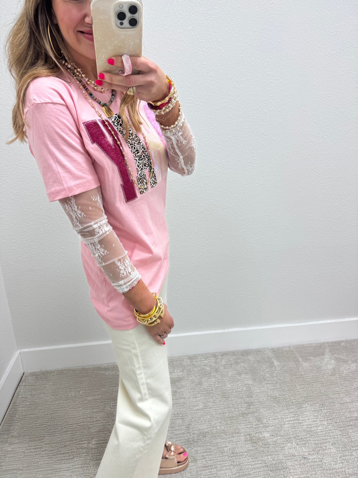 Light Pink Hand Stitched Leopard Pray Short Sleeve
