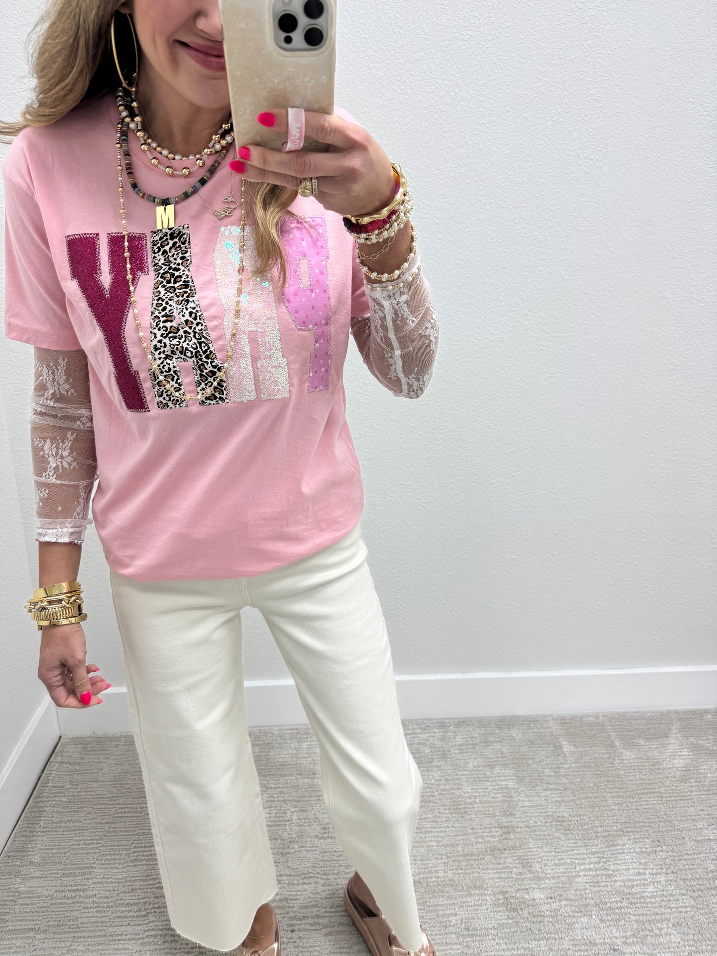 Light Pink Hand Stitched Leopard Pray Short Sleeve