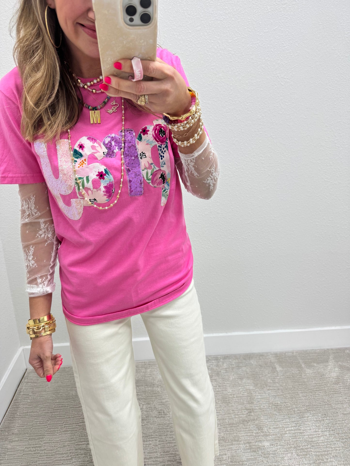 Dark Pink Hand Stitched Floral Pray Short Sleeve