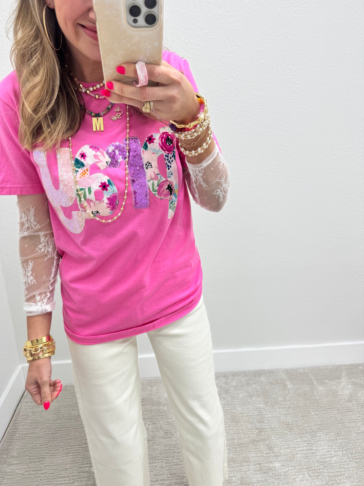 Dark Pink Hand Stitched Floral Pray Short Sleeve