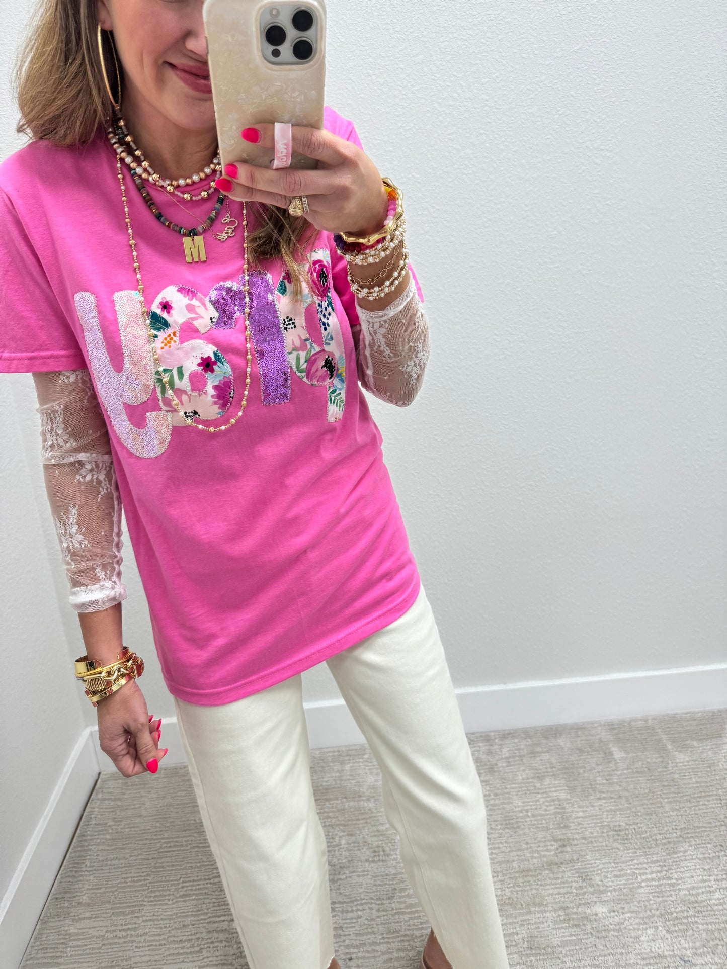 Dark Pink Hand Stitched Floral Pray Short Sleeve