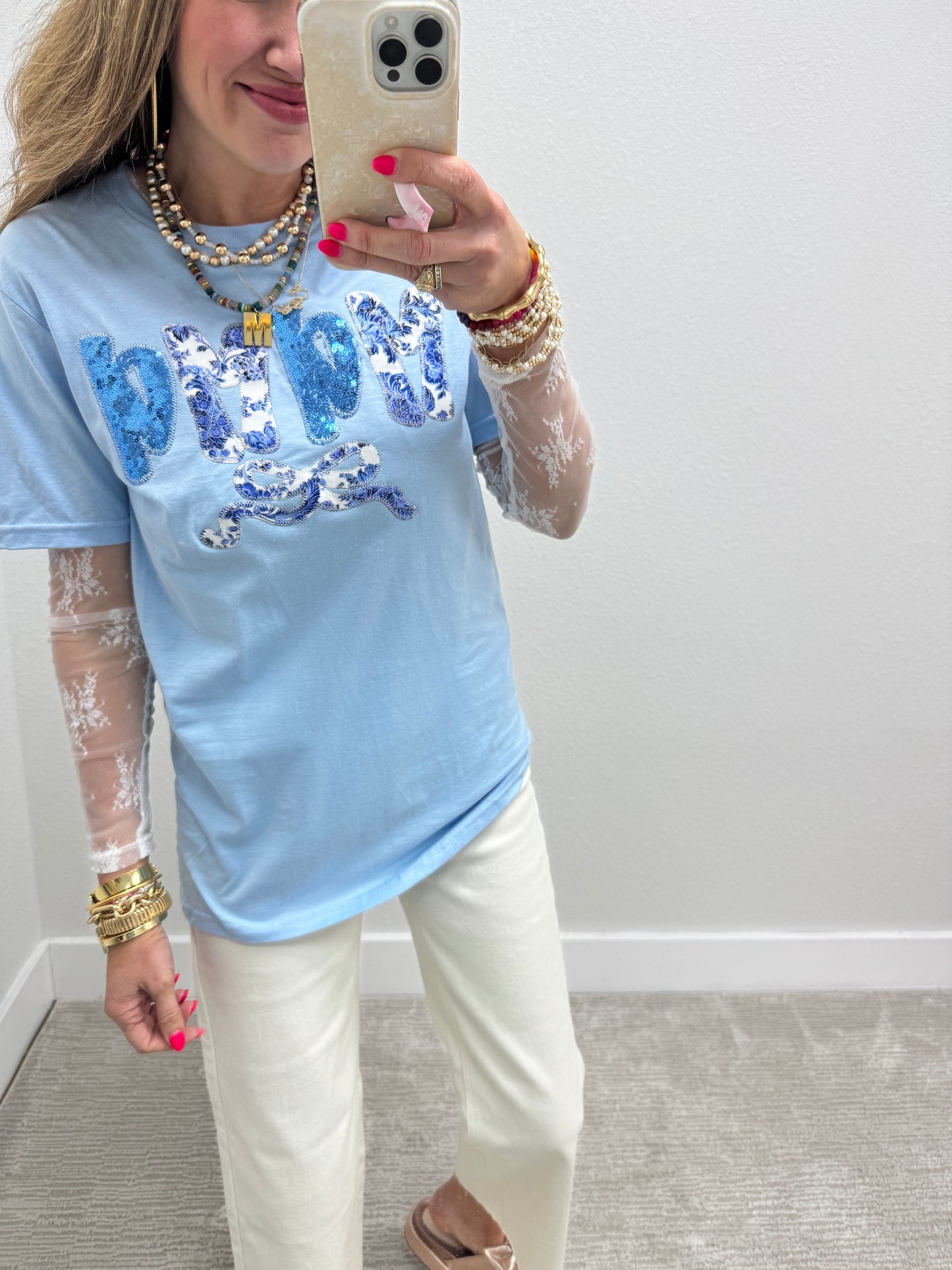 Light Blue Hand Stitched Mama Bow Short Sleeve