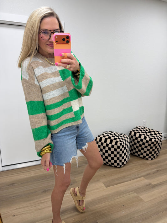 Green Lightweight Blend Color Block Sweater