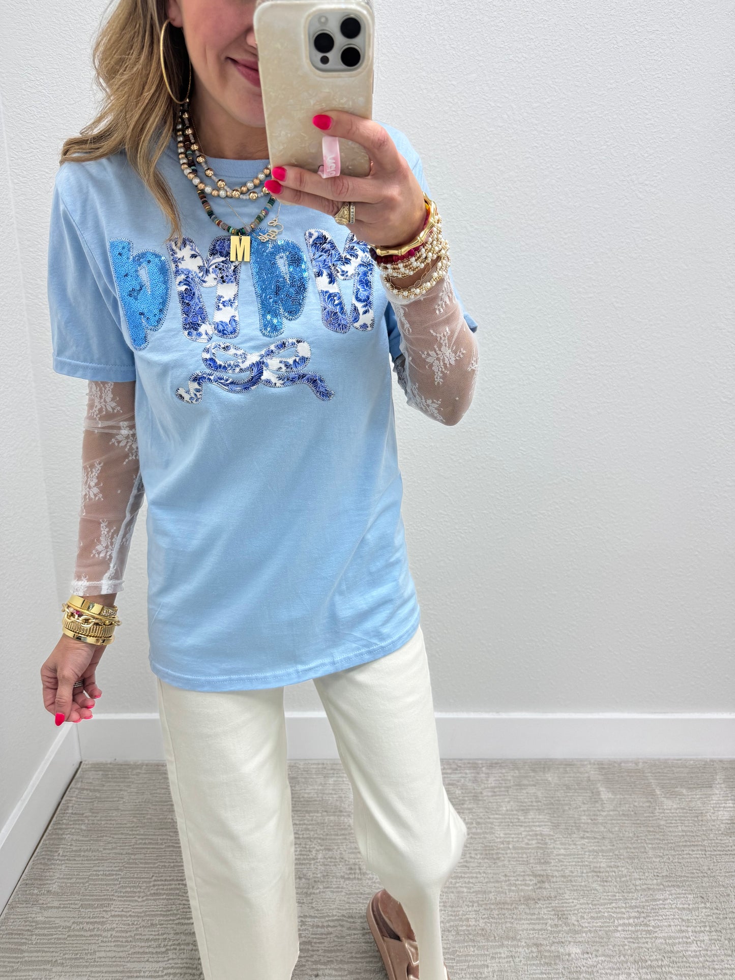Light Blue Hand Stitched Mama Bow Short Sleeve