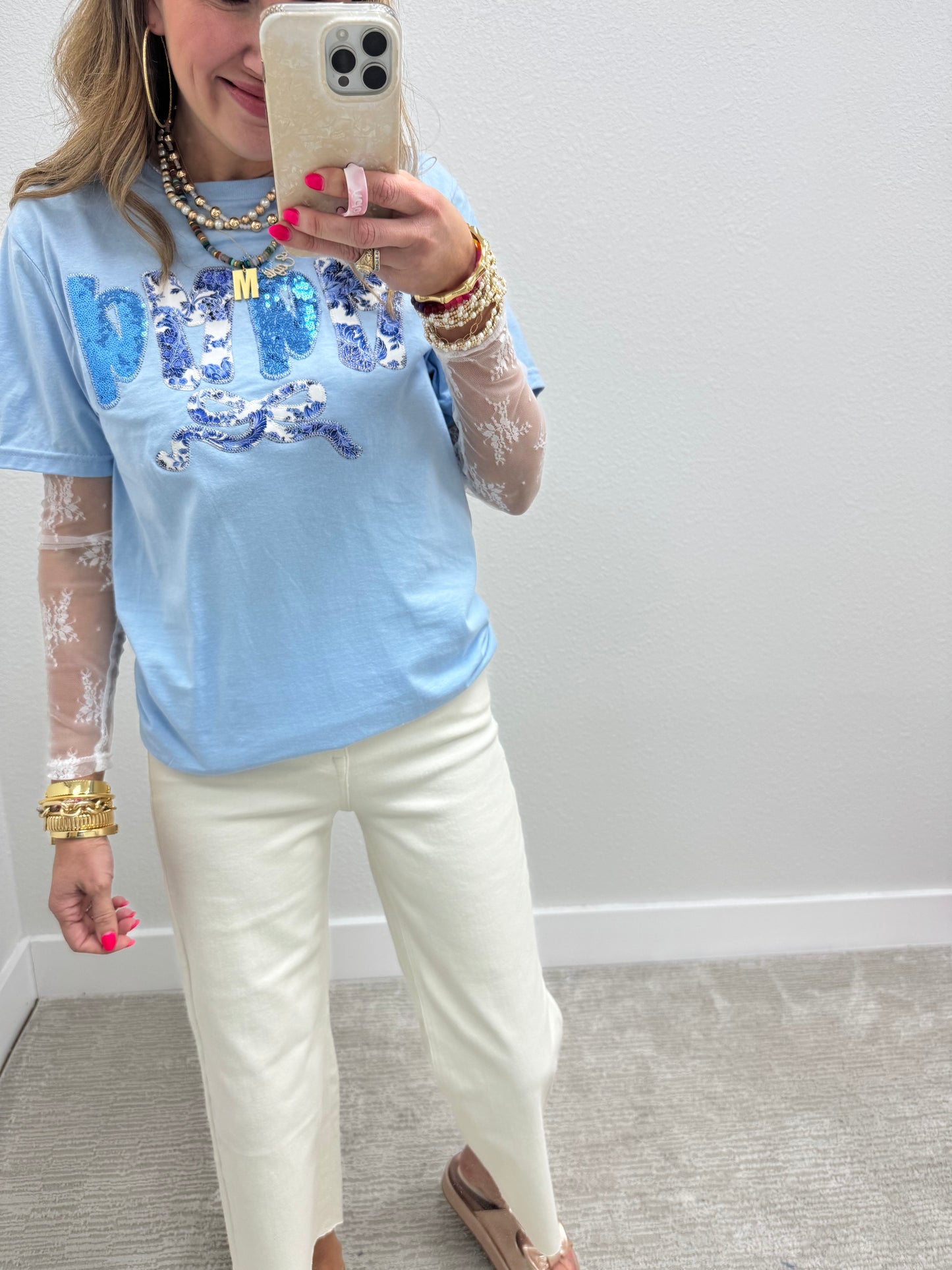 Light Blue Hand Stitched Mama Bow Short Sleeve