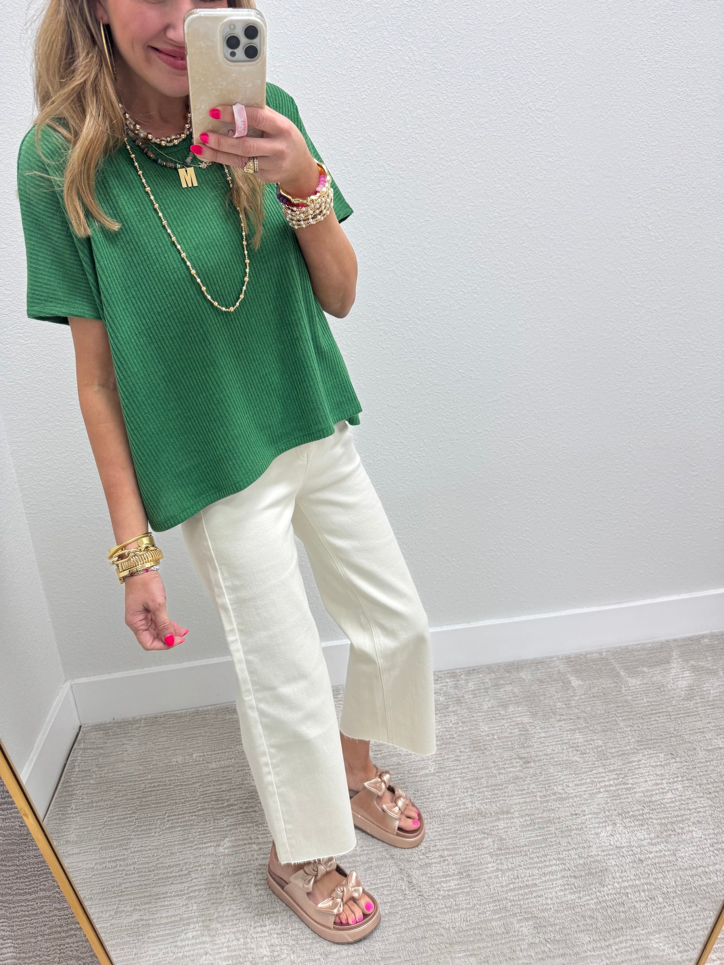 Green High Low Short Sleeve Knit Top