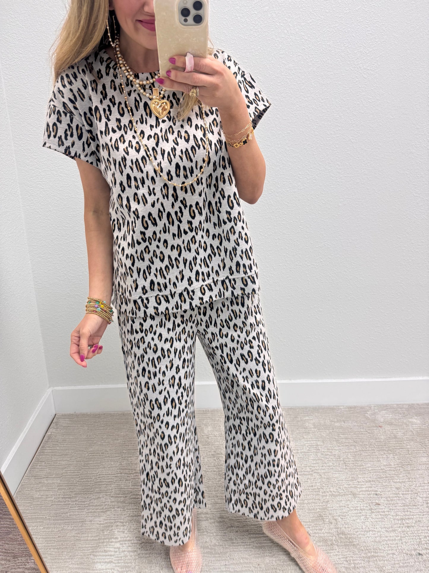 Grey Leopard Print Two Piece Pant Set