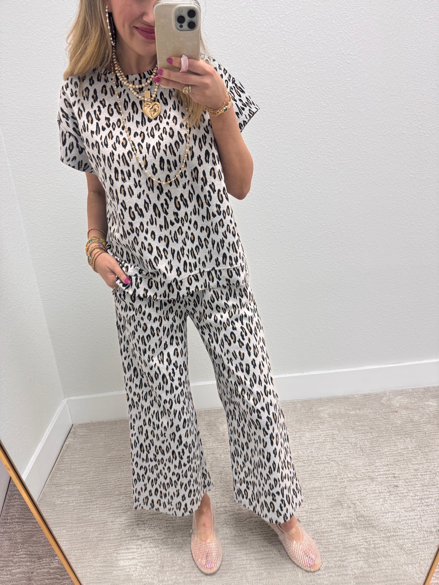 Grey Leopard Print Two Piece Pant Set