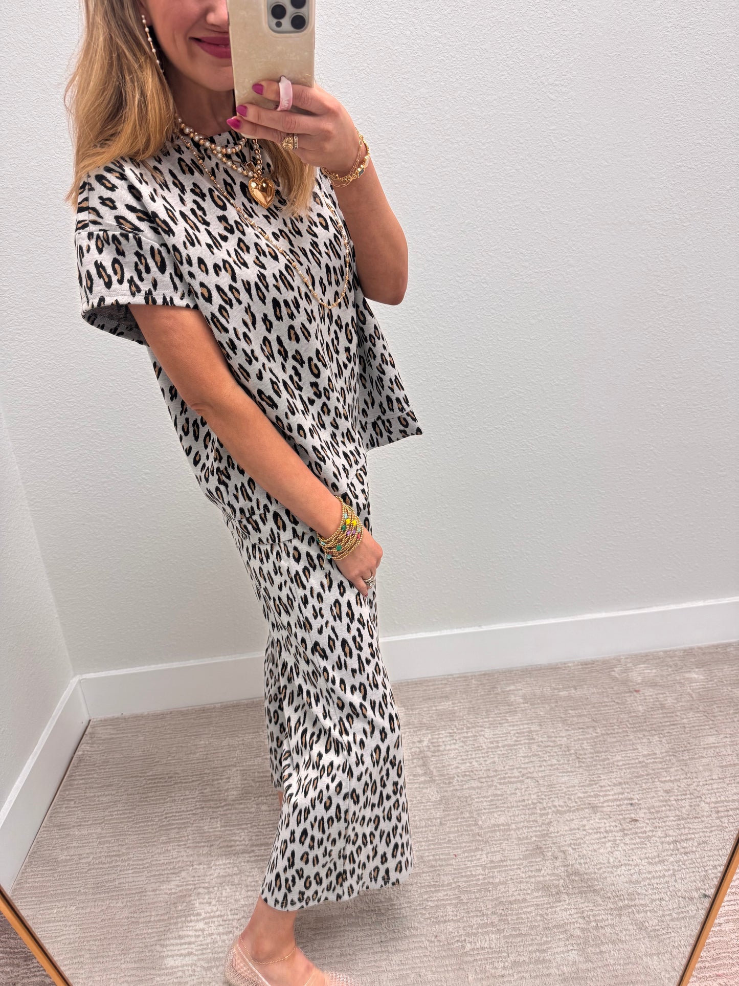 Grey Leopard Print Two Piece Pant Set