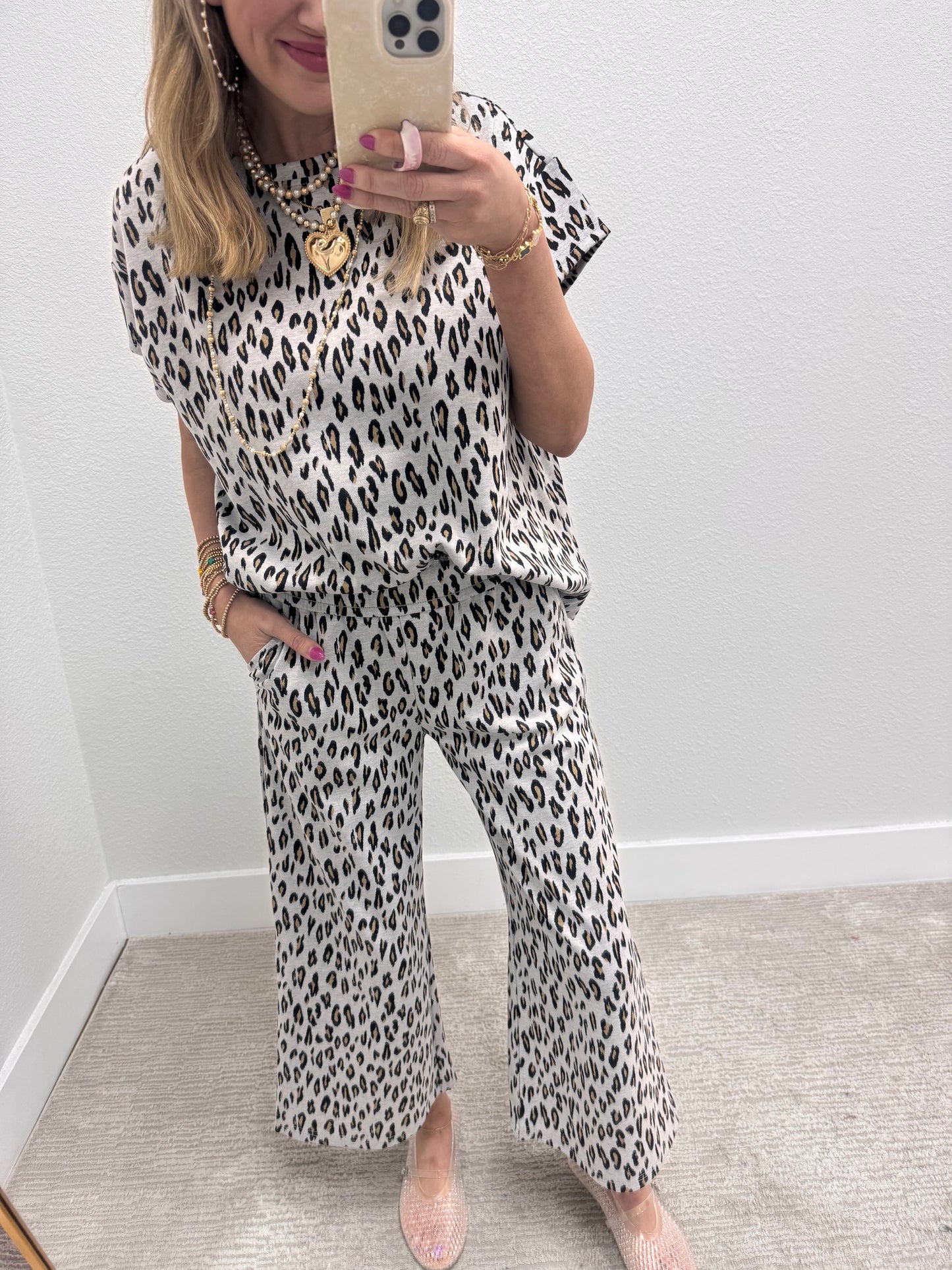 Grey Leopard Print Two Piece Pant Set