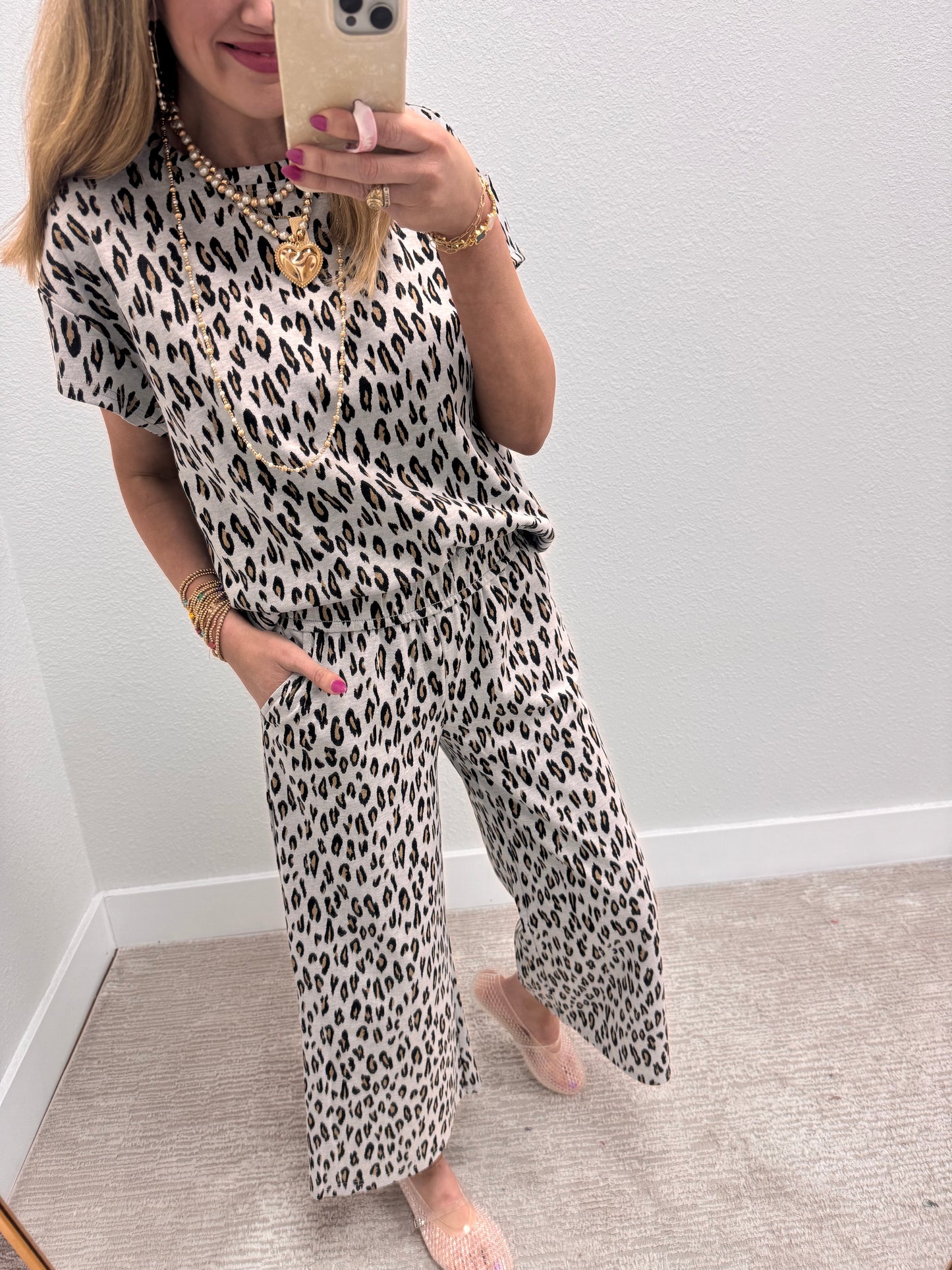Grey Leopard Print Two Piece Pant Set