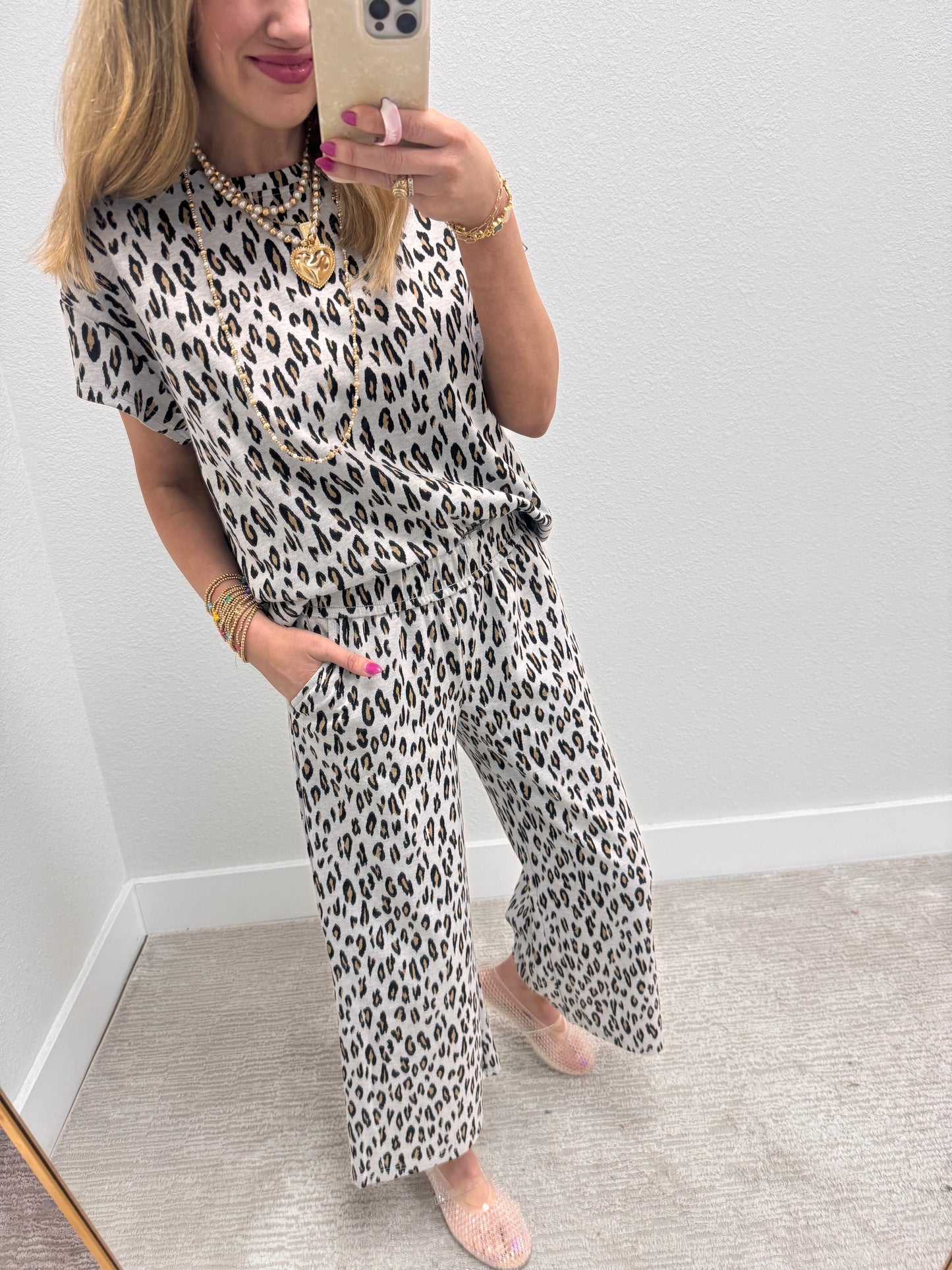 Grey Leopard Print Two Piece Pant Set