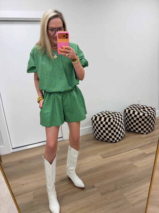 Green Polka Dot Crop Bubble Two Piece Set