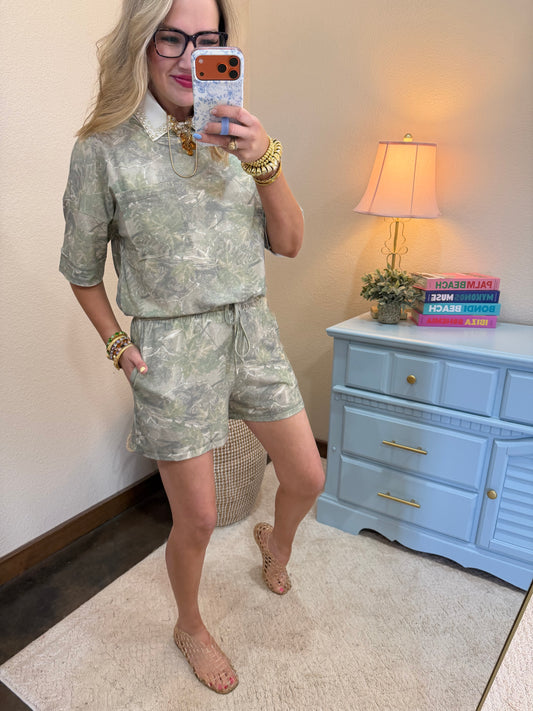 Camo Print Casual Knit Top & Shorts Set