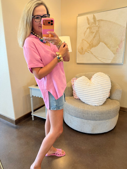 Candy Pink Double Gauze V-Neck Short Sleeve Top