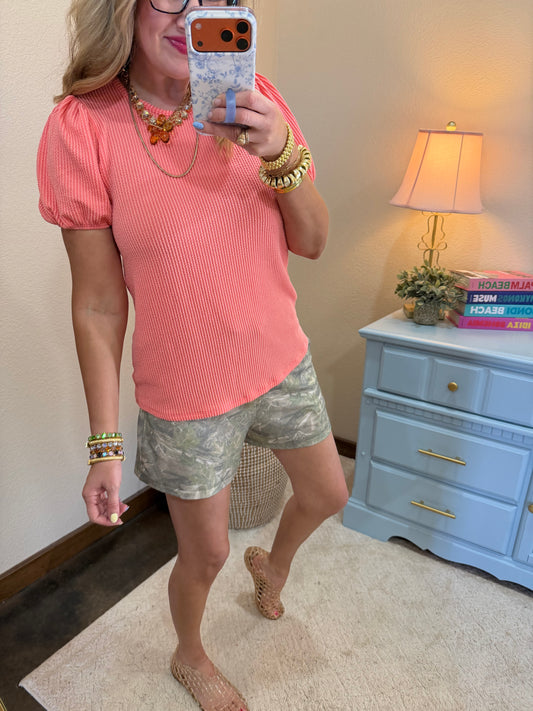 Coral Ribbed Puff Sleeve Top