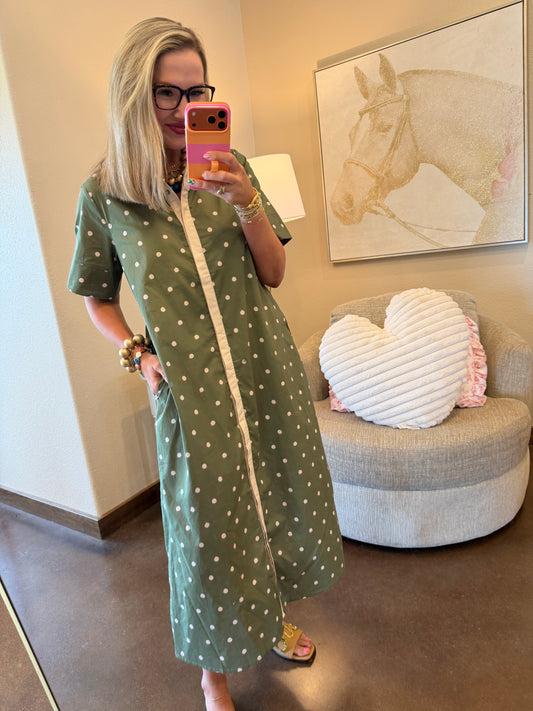 Olive Polka Dot Button Down Dress