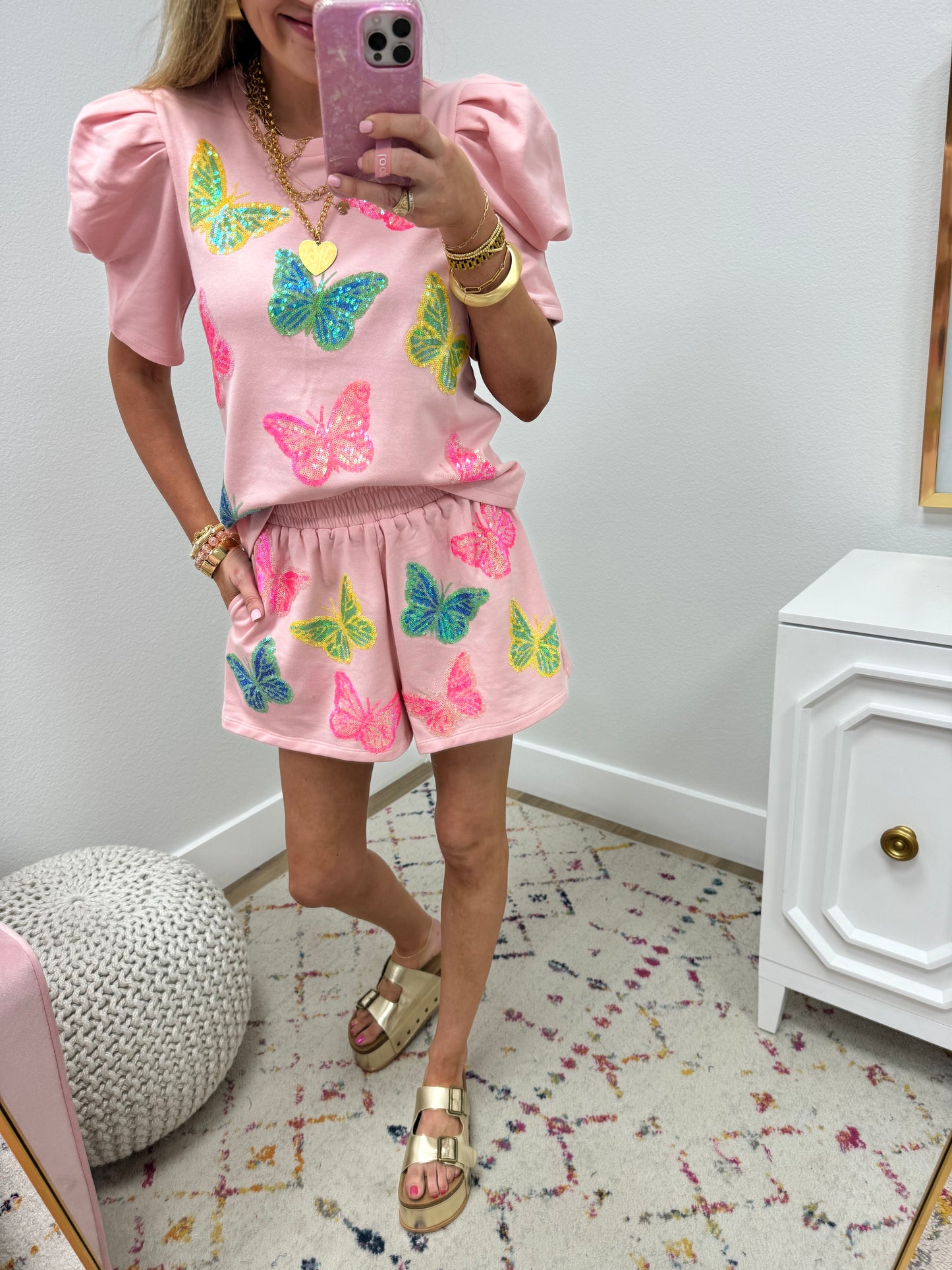 Pink Butterfly Two Piece Short Set FS
