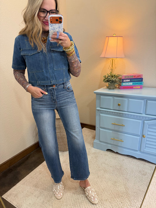 Risen Tummy Control Stretch Waist Band Crop Wide Leg Jeans