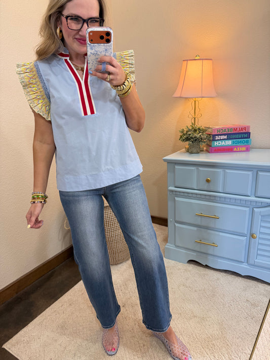 Light Blue Accent Trim Flutter Sleeve Top