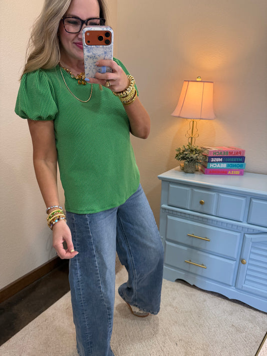 Green Ribbed Puff Sleeve Top