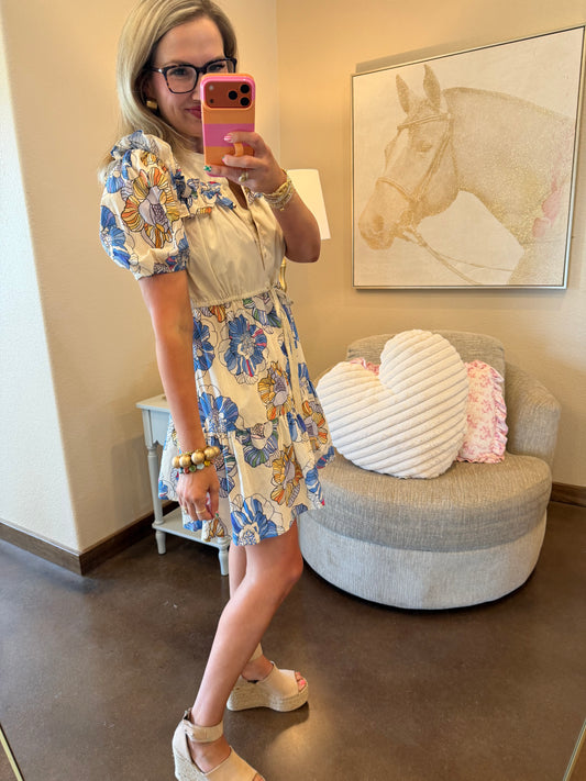 Blue Mix Mandarin Neck Button Up Mini Dress