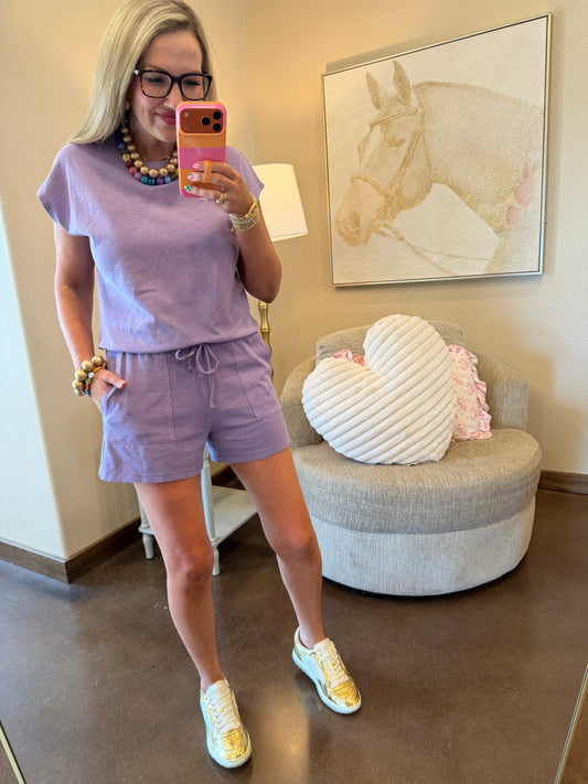 Dusty Purple Sleeveless Crew Neck Top And Shorts Set