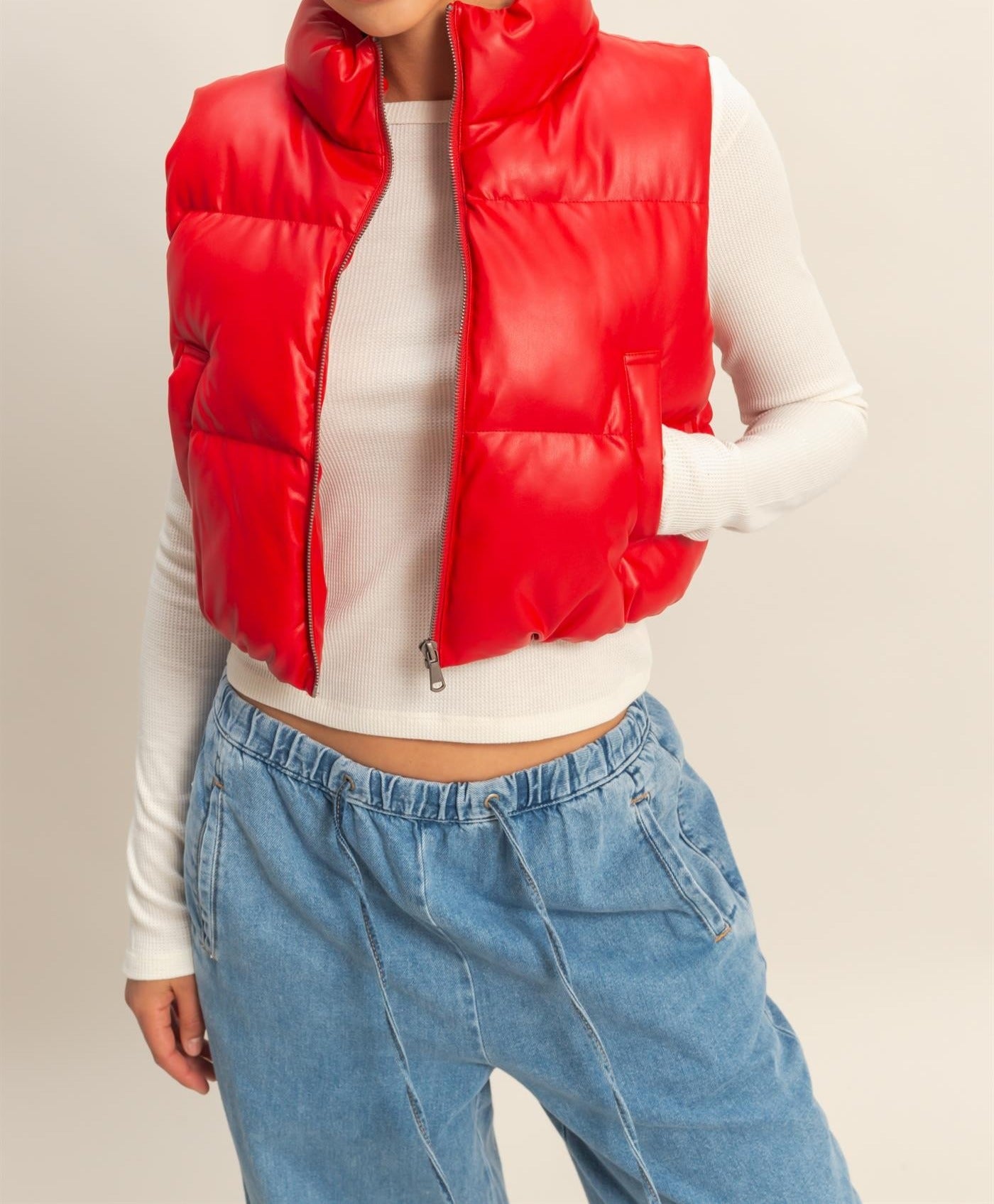 Red Faux Leather Puffer Vest